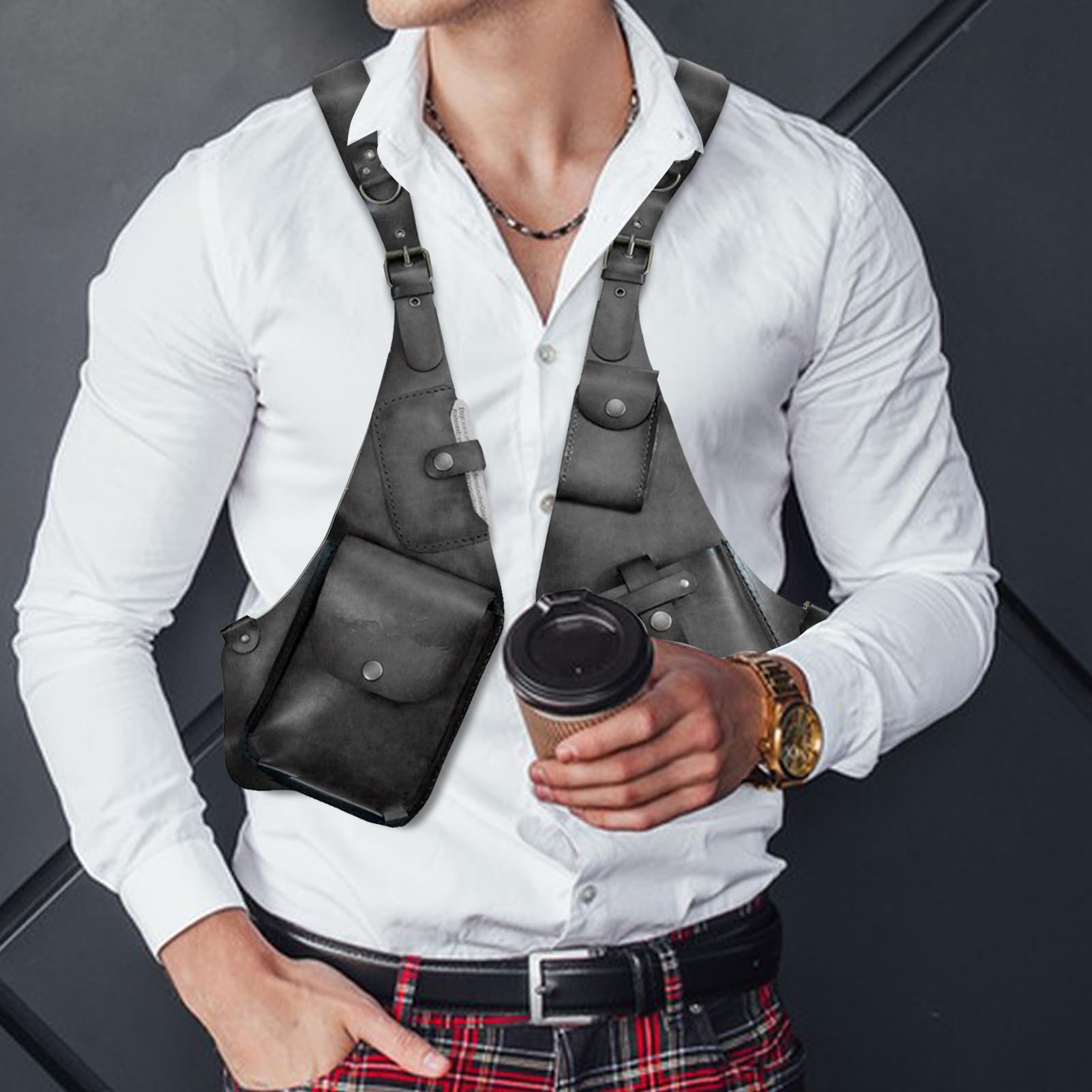 Arnés antirrobo para hombre de piel, arnés antirrobo de piel, bolso de hombro medieval con antebrazo, funda para teléfono móvil para hombres y mujeres, cartera ajustable de piel sintética