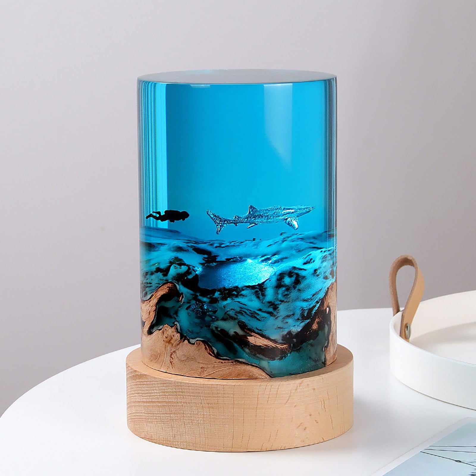 FGJtguE Woods lamp, Cylinder Epoxy Wood Dimmable LED Night Light,Coral Reef Diorama with Turtle,Diver&Whale Shark(B)