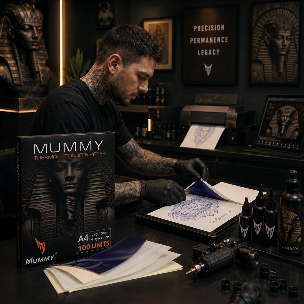 Mummy 100 hojas de papel de transferencia de tatuajes, tamaño A4, papel de plantilla de copiadora térmica de alta calidad, 4 capas para principiantes y artistas, suministros de tatuaje