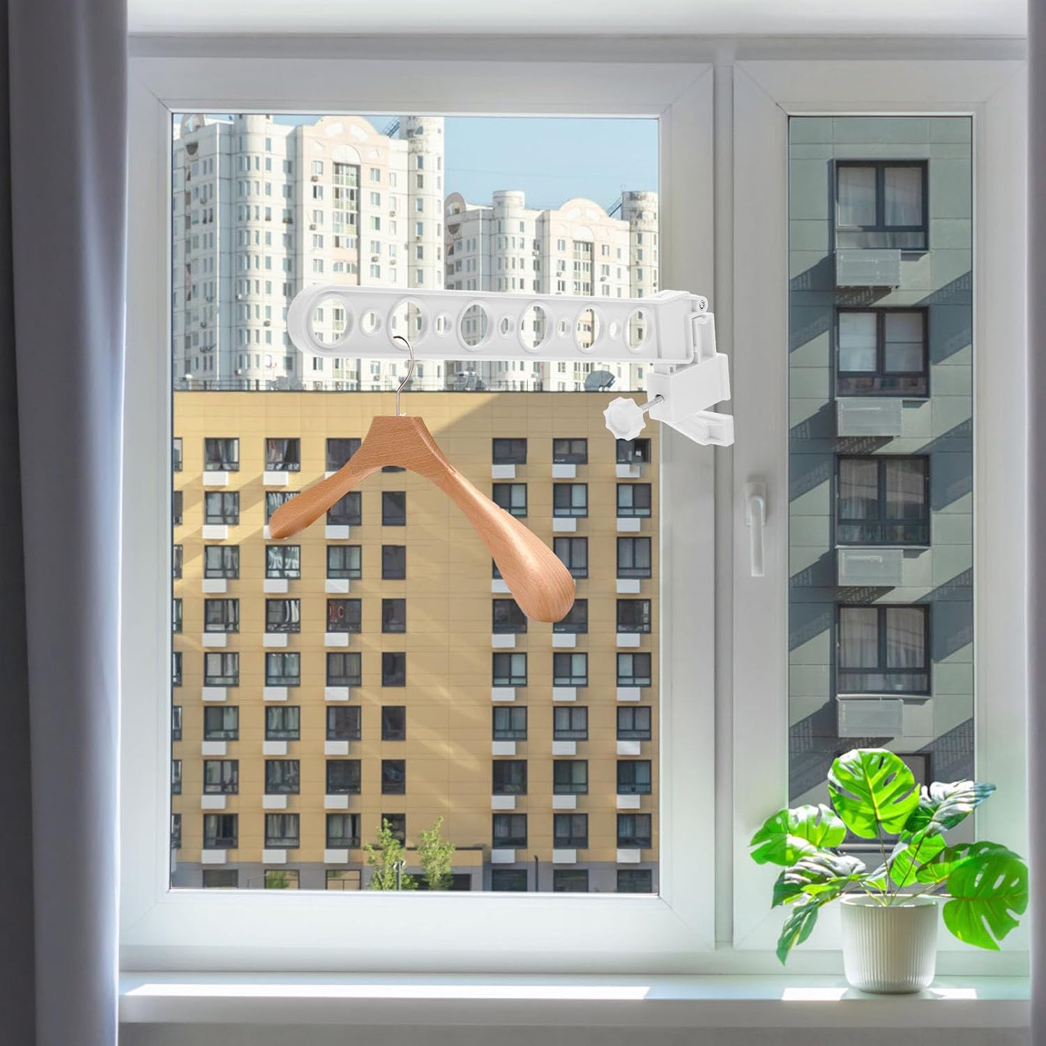 Detachable Window Drying Rack Clothes Rack for Balcony Laundry Sturdy Hanging Clothes Holder White and Clips, Space-Saving Outdoor Window Frame Hanger