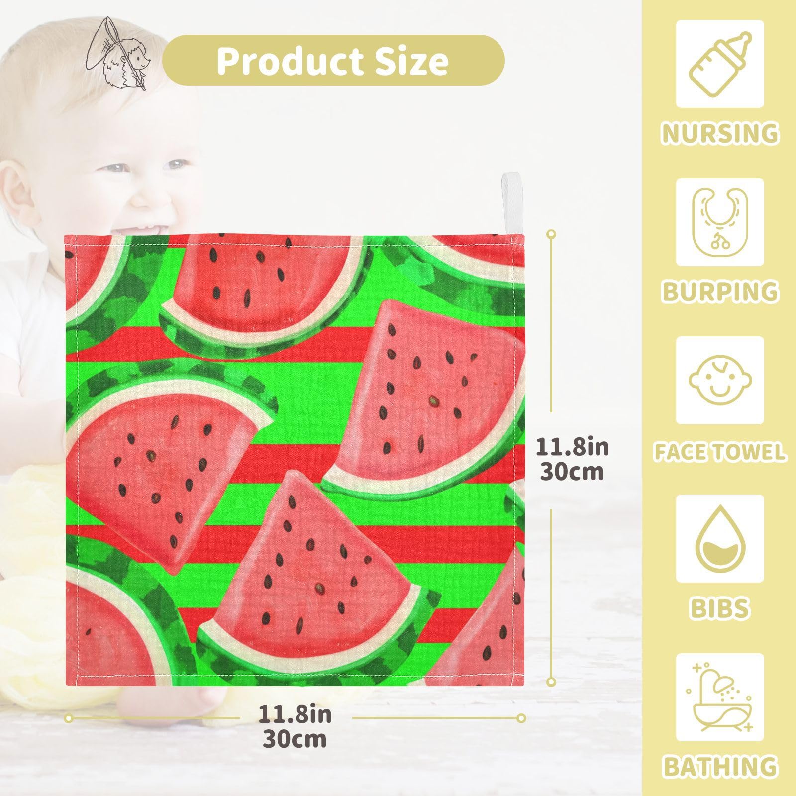 Kigai Watermelon Baby Washcloths,3pcs Ultra Soft Absorbent Towel,Newborn Bath Face Towel, Natural Reusable Baby Wipes for Sensitive Skin, Baby Registry as Shower