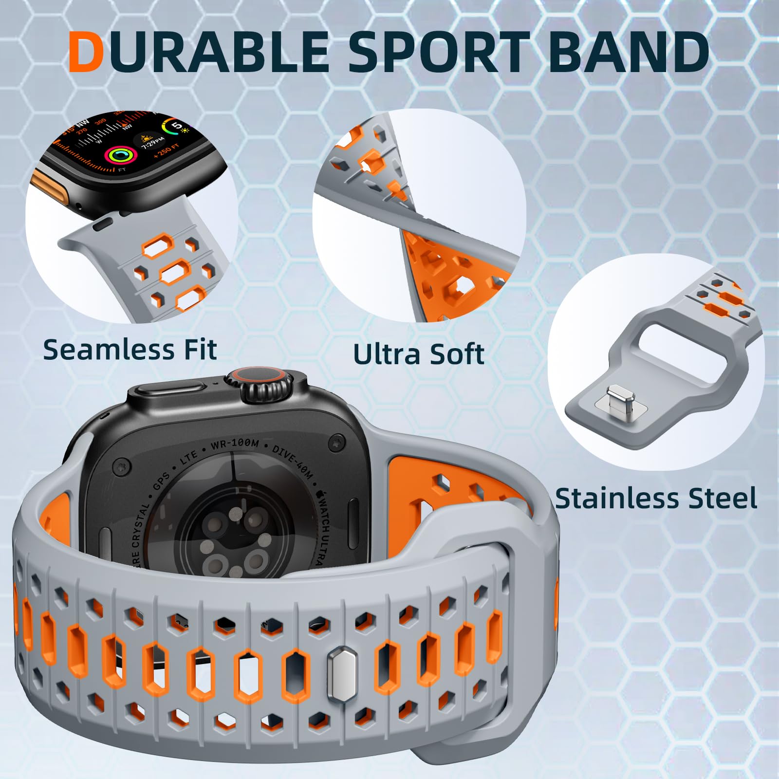 Maledan Sportowy pasek kompatybilny z Apple Watch Ultra 3, 49 mm, 46 mm, 45 mm, 44 mm, 42 mm, męski, wzór plastra miodu, oddychający silikonowy pasek do iWatch Series 11, 10, 9, 8, 7, 6, 5, 4, 3, 2, 1