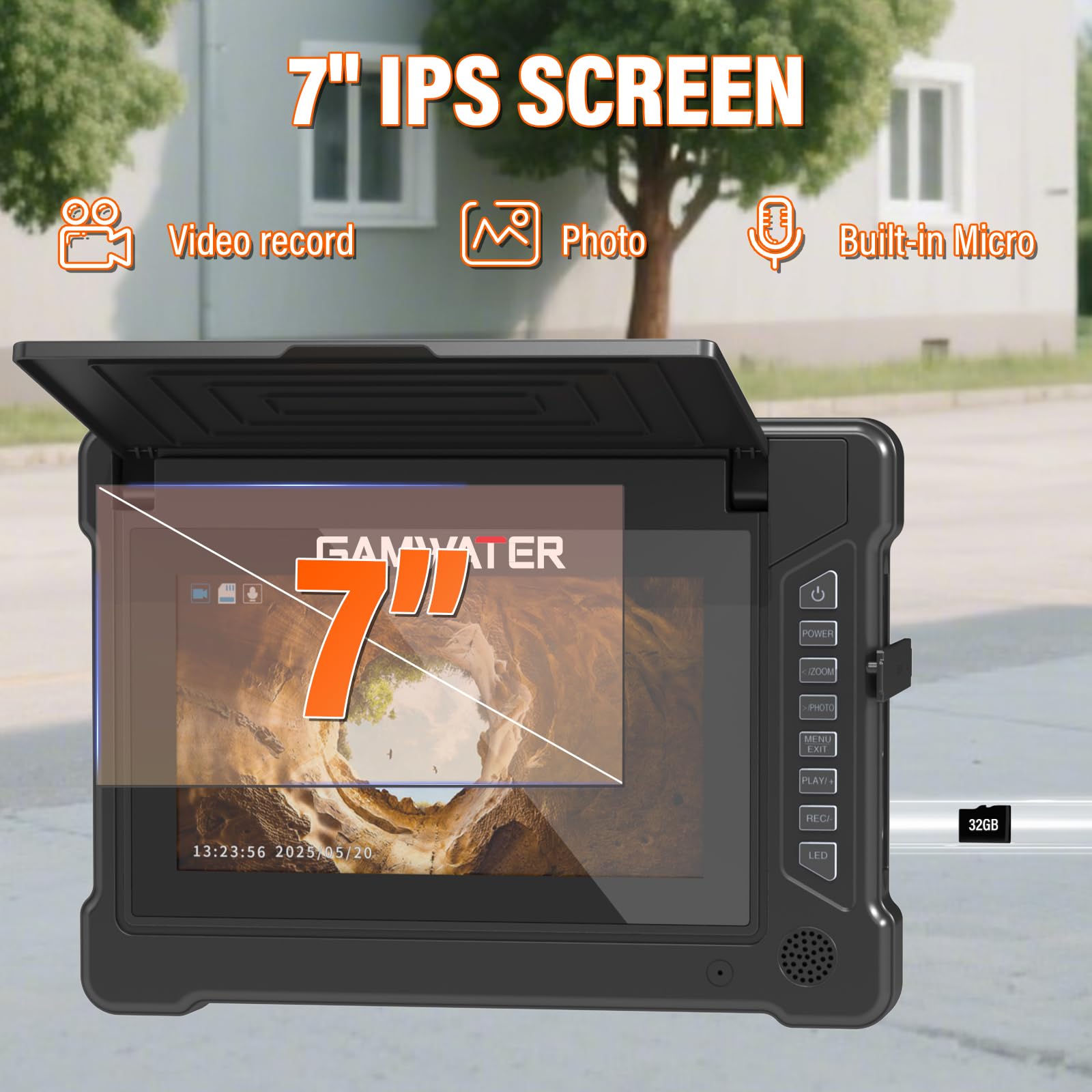Sewer Camera 100FT/30M 23mm Pipe Inspection Camera DVR & Audio Recorder with 7" IPS Screen, Plumbing Snake Borescope 12 LEDs HD 1000TVL, Included 32GB Card — Amazon image 2
