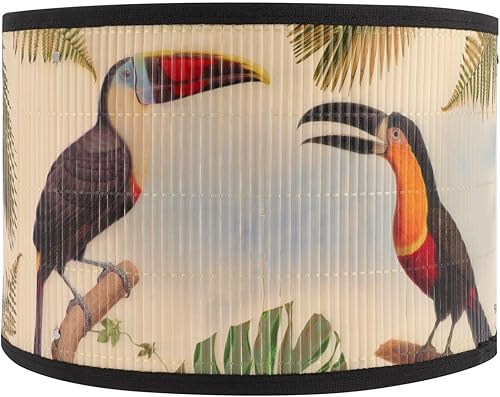 Baluue Pantalla de lámpara de tambor, pantalla de bambú vintage E27, colorida flor y pájaro, cubierta de lámpara de araña, patrón de luz, accesorios