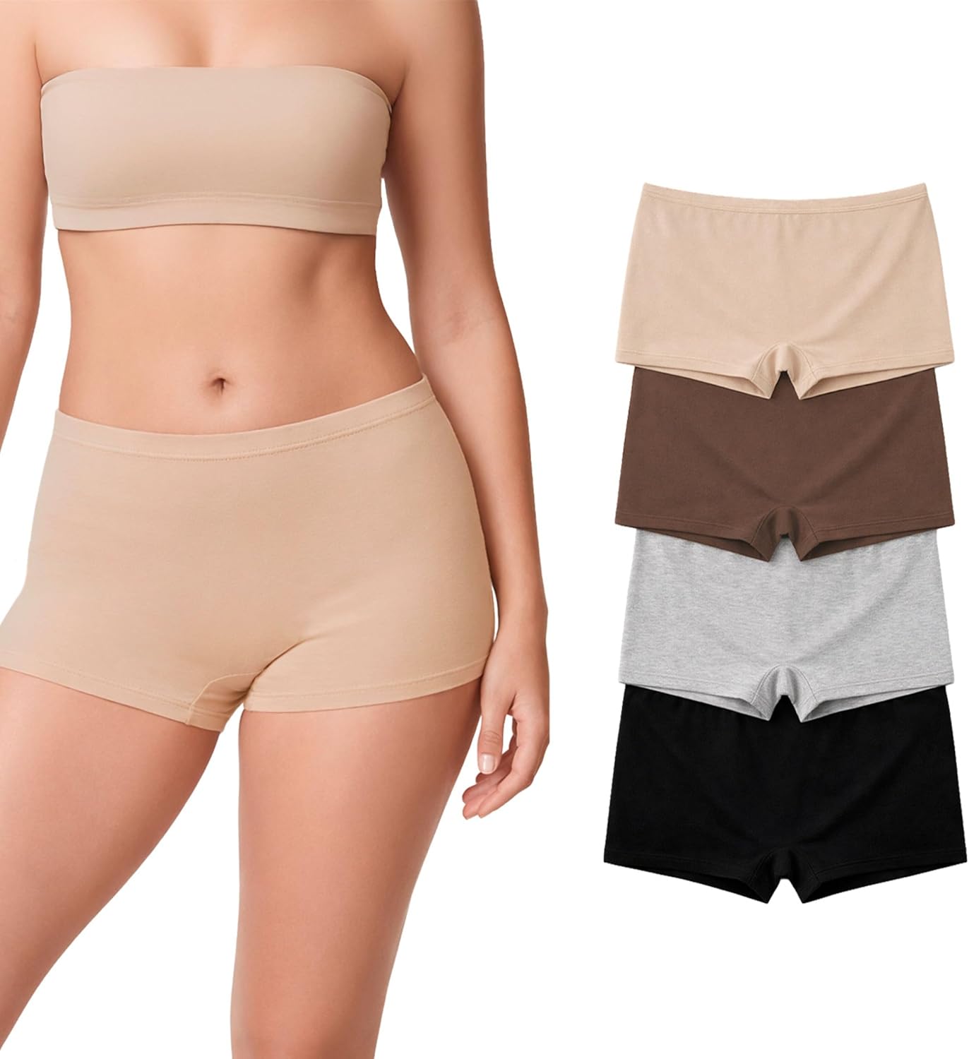 BODY CONTROL Women's Cotton Boy Shorts Underwear, Mid Rise Anti-Chafing Boxer Briefs, Soft Stretch Multipack Panties