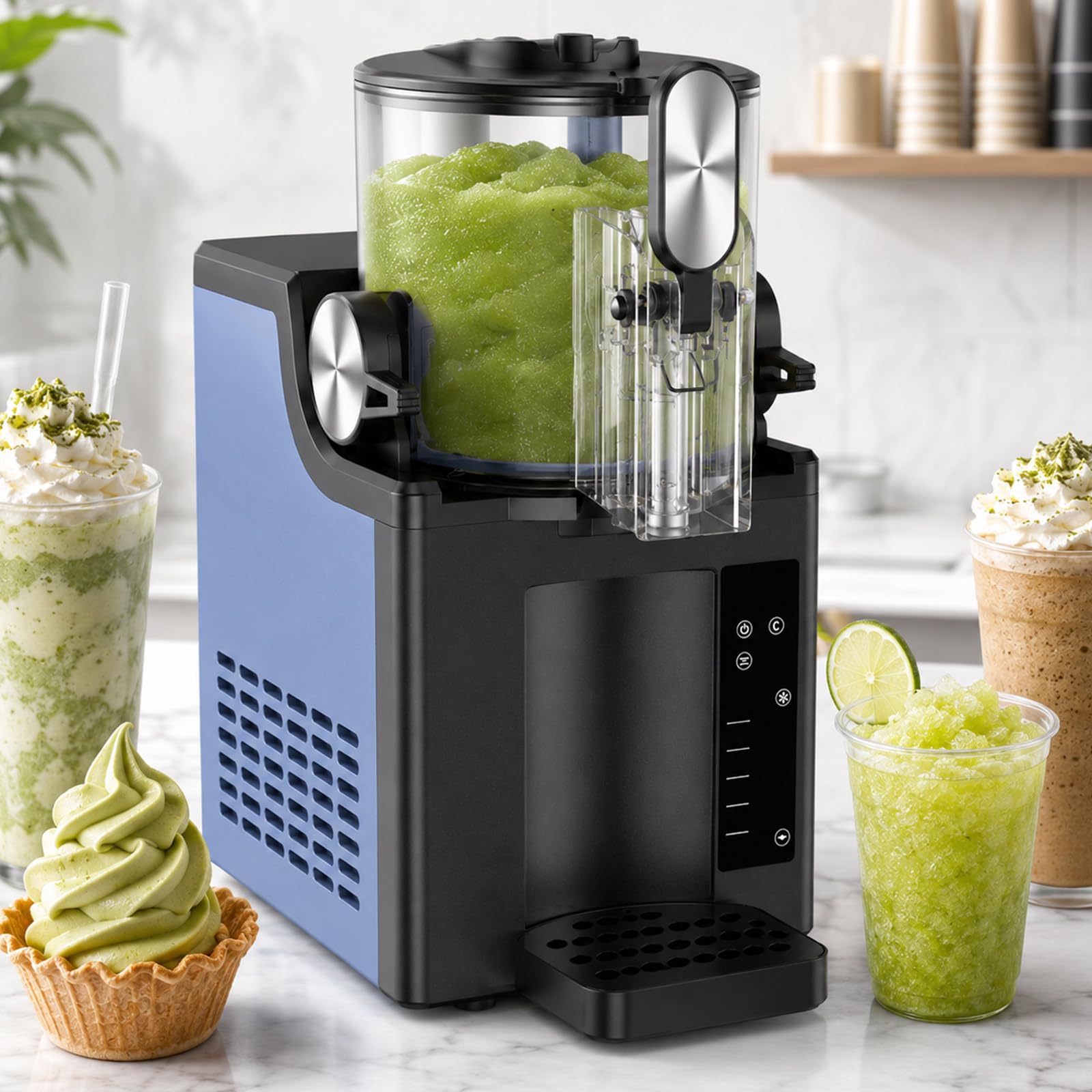 pealiritansemen Slushy Machine 1.5L with Smart Touch Panel, No Ice Needed Smoothie Maker Machine for Smooth Iced Drinks Soft Serve and Family Desserts, Adjustable Texture, for home/Stores/Hotels Blue