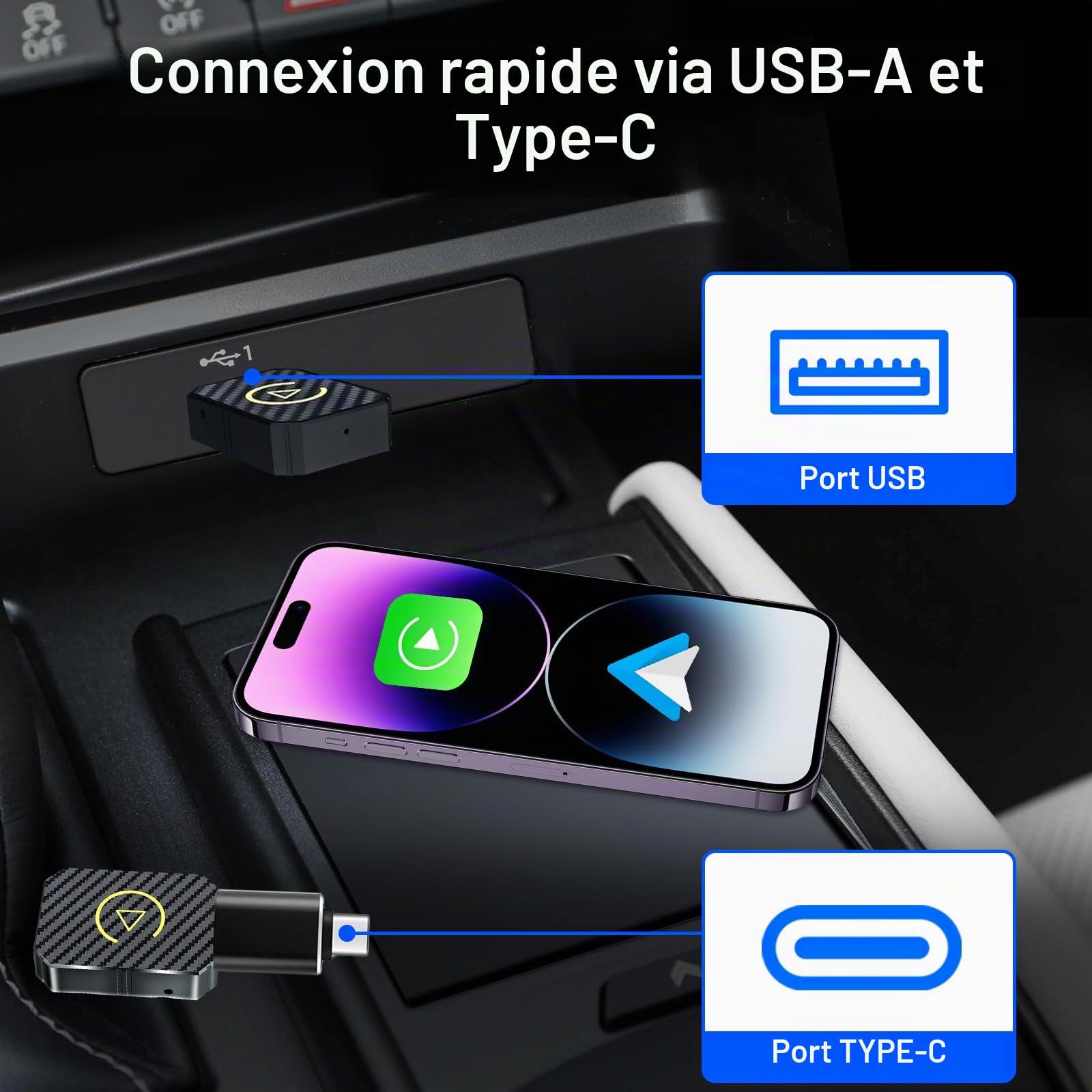 Adaptateur CarPlay Sans Fil, Carplay Android Auto, 2-en-1 Carplay adaptateur sans fil, convertir carplay filaire en car-play sans fil, pour Voitures équipées De Car-play & AA,USB C/A, Plug And Play