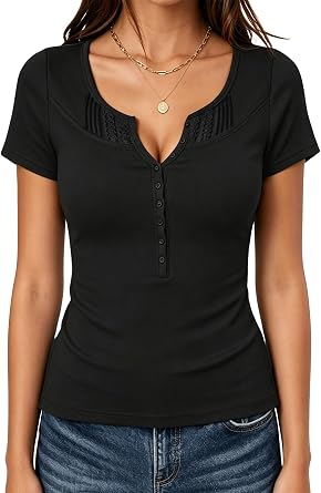 Short Sleeve Henley Shirts for Women - Ribbed Knit Slim Fit Lace Trim V Neck Casual Tops