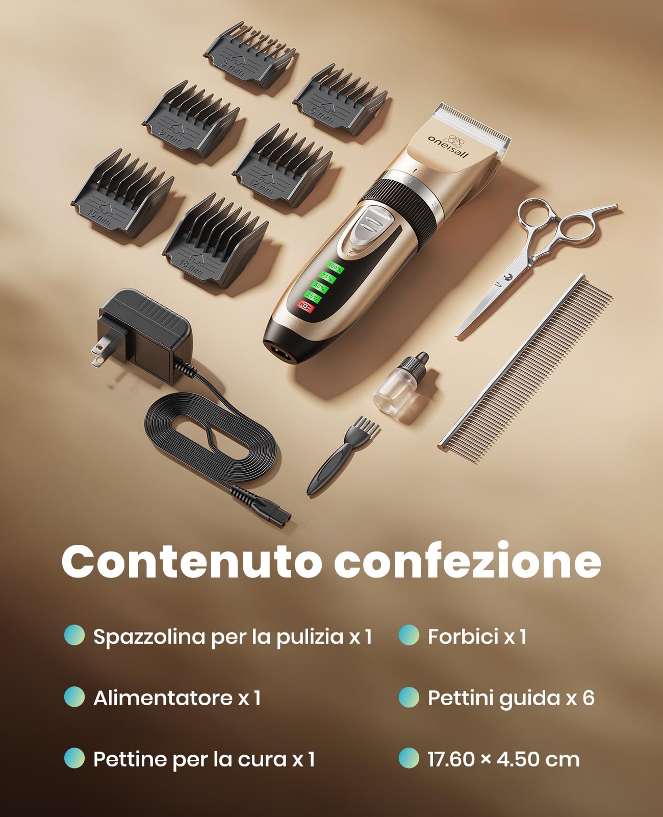 oneisall: tosatrice silenziosa per cani, 2000 mAh, 4 ore di autonomia, per cani e gatti dal pelo folto, tosatrice per cani, tosatrice per animali domestici, rasoio per cani a pelo lungo (oro)