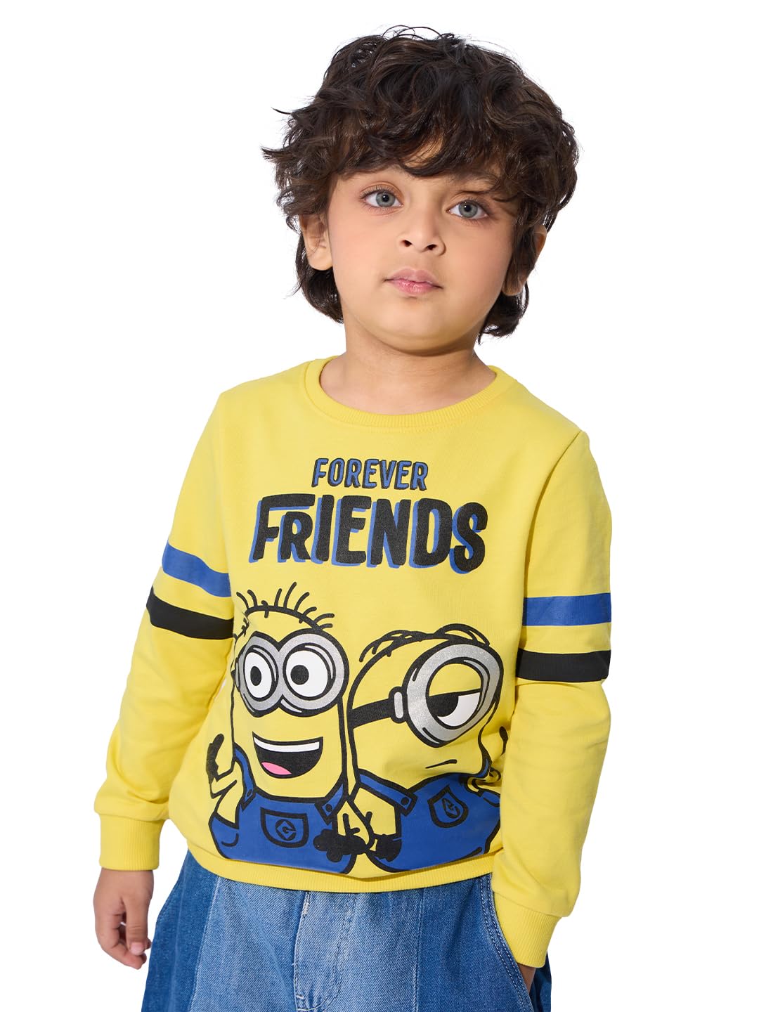 The Souled StoreOfficial Minions: Forever Friends Boys and Baby Boys Long Sleeve Round Neck Graphic Print Sweatshirts Yellow Sweatshirts Pullovers Graphic Printed Color Sportswear Casual Warm Cozy