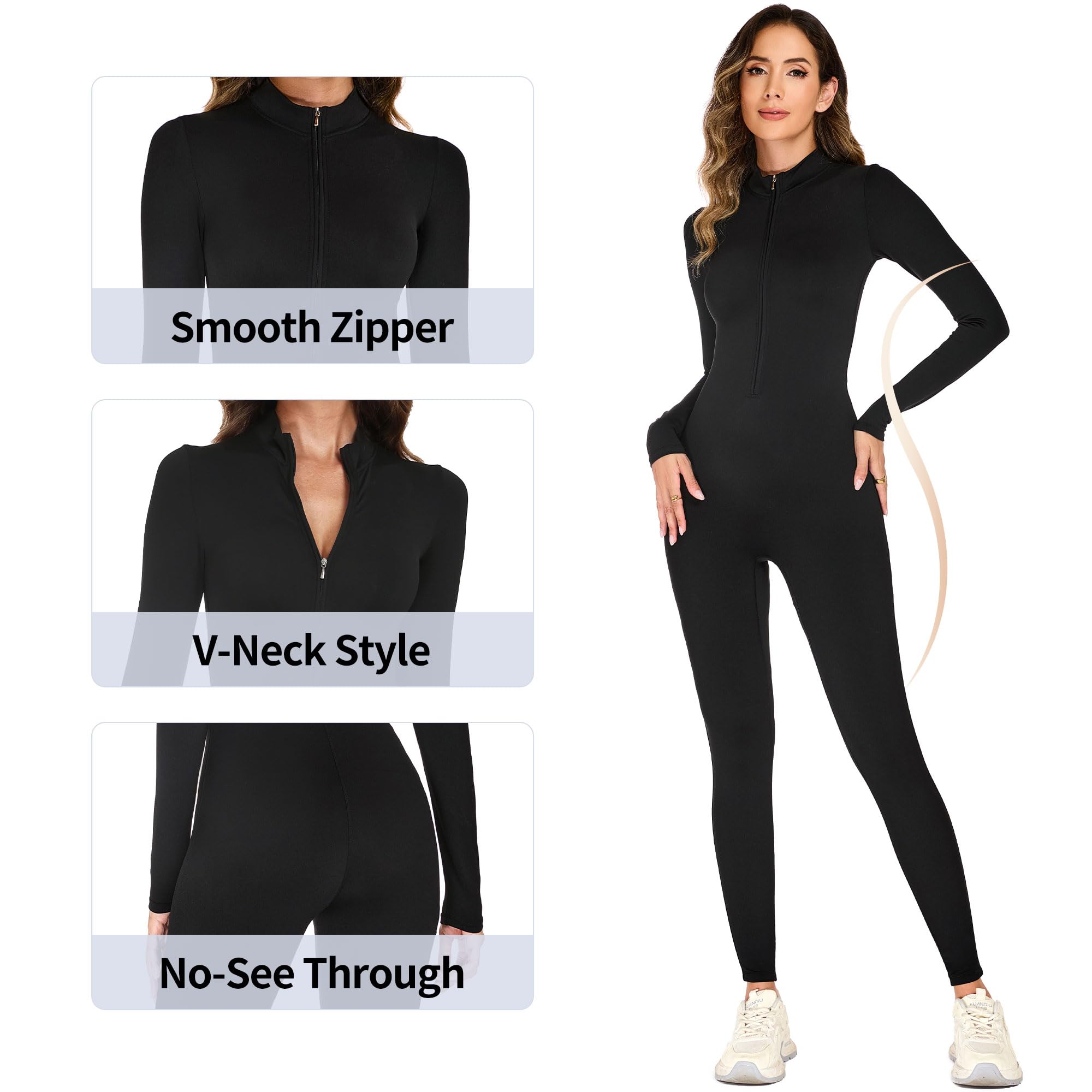 adorence Tuta Intera Donna Sportiva Aderente, Maniche Lunghe Jumpsuit Donna Sportiva con Cerniera, Lunga Tuta Intera Elastico per Yoga