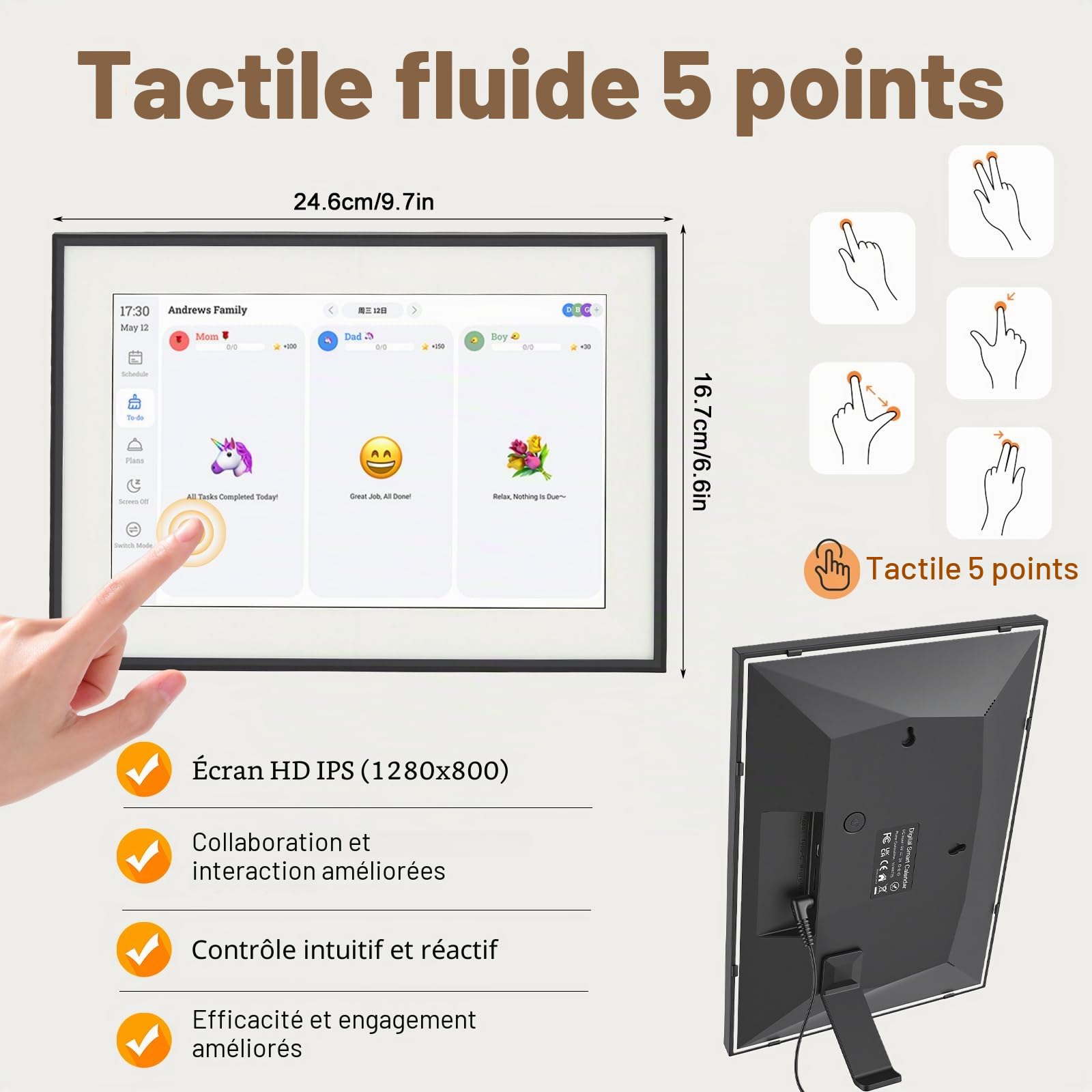 Calendrier Numérique Tactile 10,1'', galerie et mémoire de 32 Go, Calendrier 3 en 1, Calendrier Intelligent Wi-FI pour Famille, Bureau & École, Planificateur Maison avec Cadre Photo Numérique