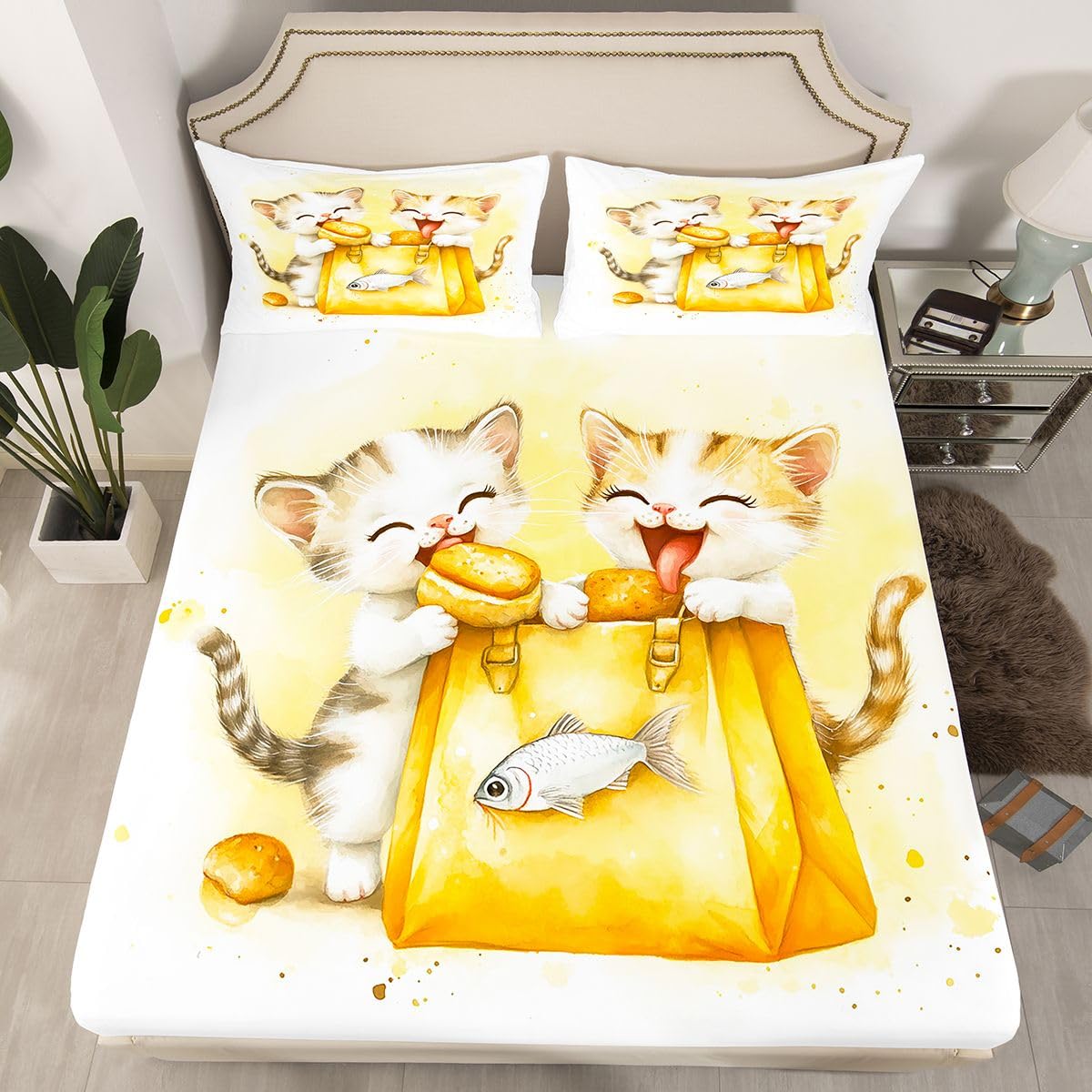 Sábana bajera ajustable de gatito tamaño King (no plana), juego de ropa de cama de 3 piezas, decoración de habitación de niñas, niños y mujeres, sábanas vintage de bolsillo profundo dibujadas a mano