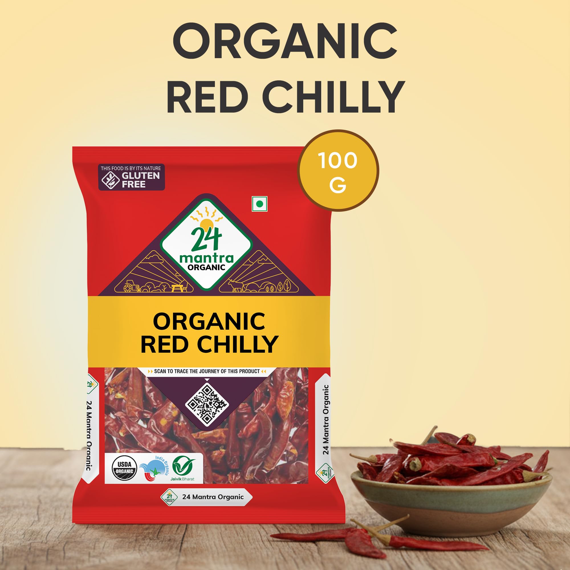 24 Mantra Organic Red Stick Chilly/Lal Mirch/Erra Mirapakaya - 100gms | Pack of 1 | 100% Organic | Chemical Free & Pesticides Free