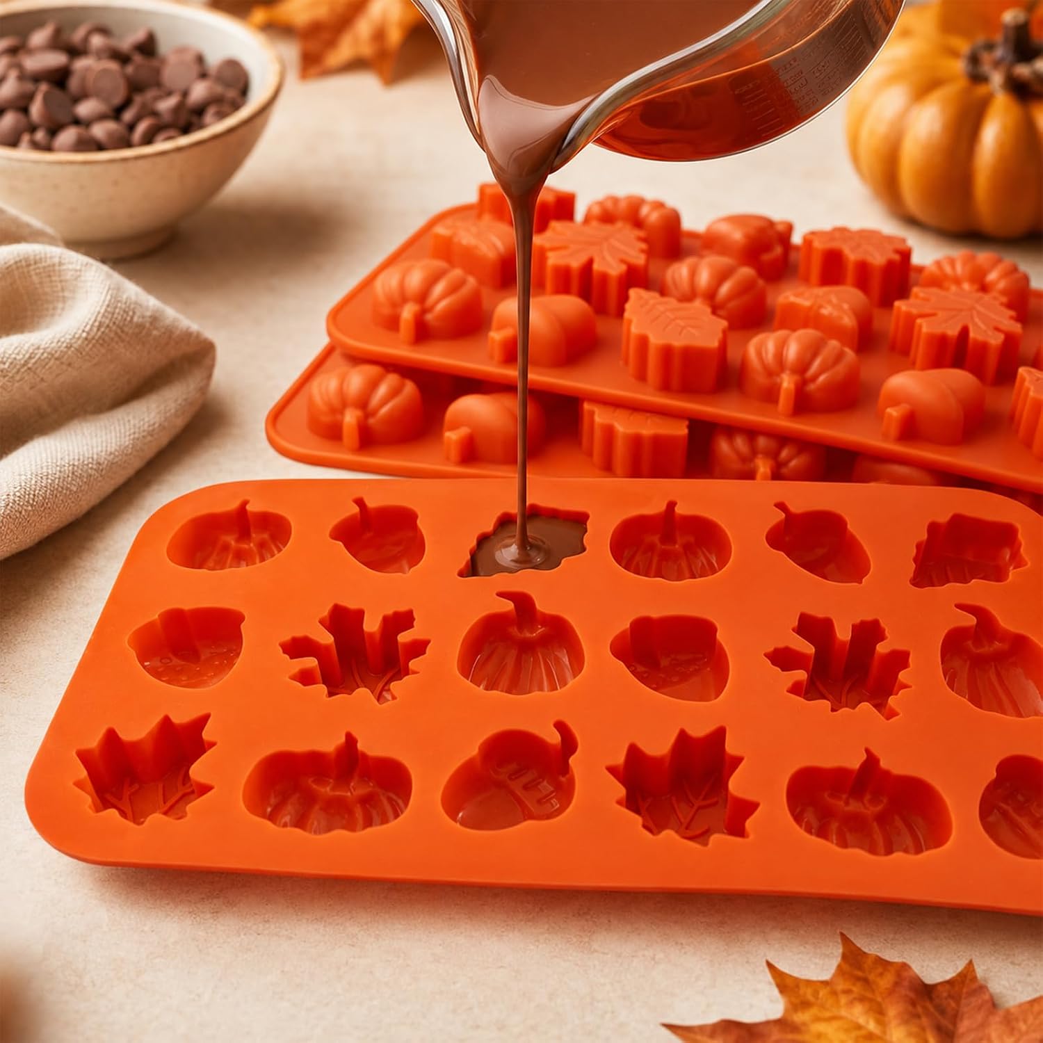 3Pack Thanksgiving Silicone Molds 3D Pumpkin Silicone Mold Fall Silicone Molds Autumn Maple Leaf Pumpkin Acornshape Thanksgiving Fall Theme Silicone Molds for Cupcake Topper Gummy Ice Cube Resin Soap