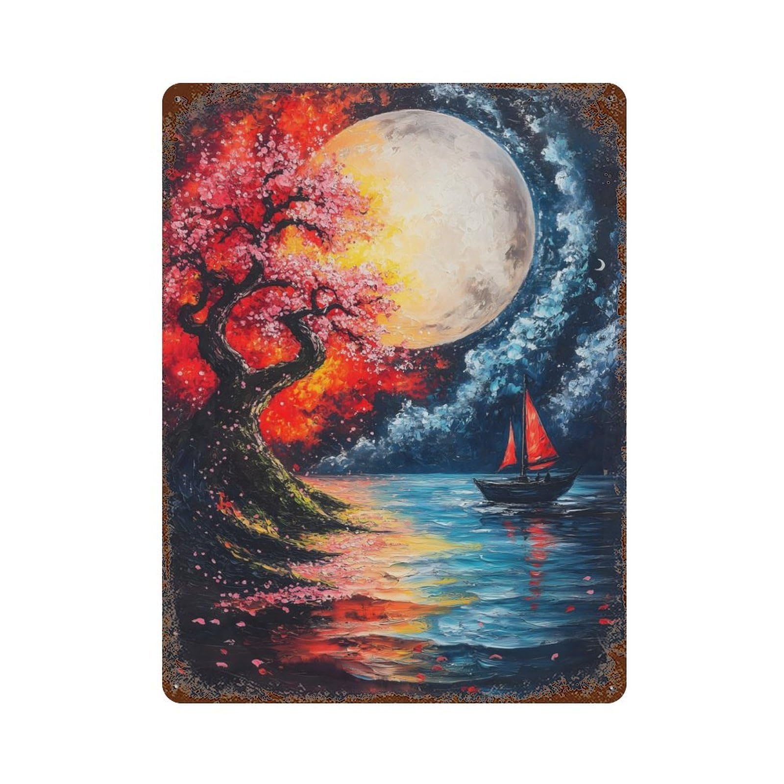 Full Moon Seascape 15.7"x11.8" Rusty Metal Tin Sign, Shabby Chic Decor for Bistro, Counter And Cafe Decor