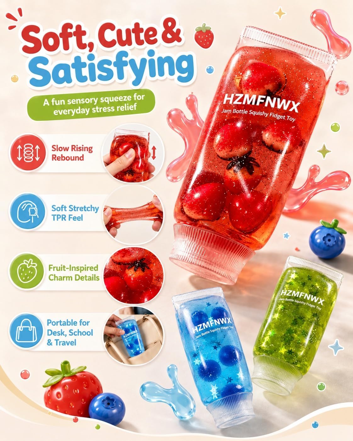 Jam Bottle Squishy Fidget, Toothpaste Shaped Squishy, Soft Slow Rising TPR Squeeze with Fruit Charms, Cute Sensory Stress Relief and Anxiety Relief(Red Strawberry)