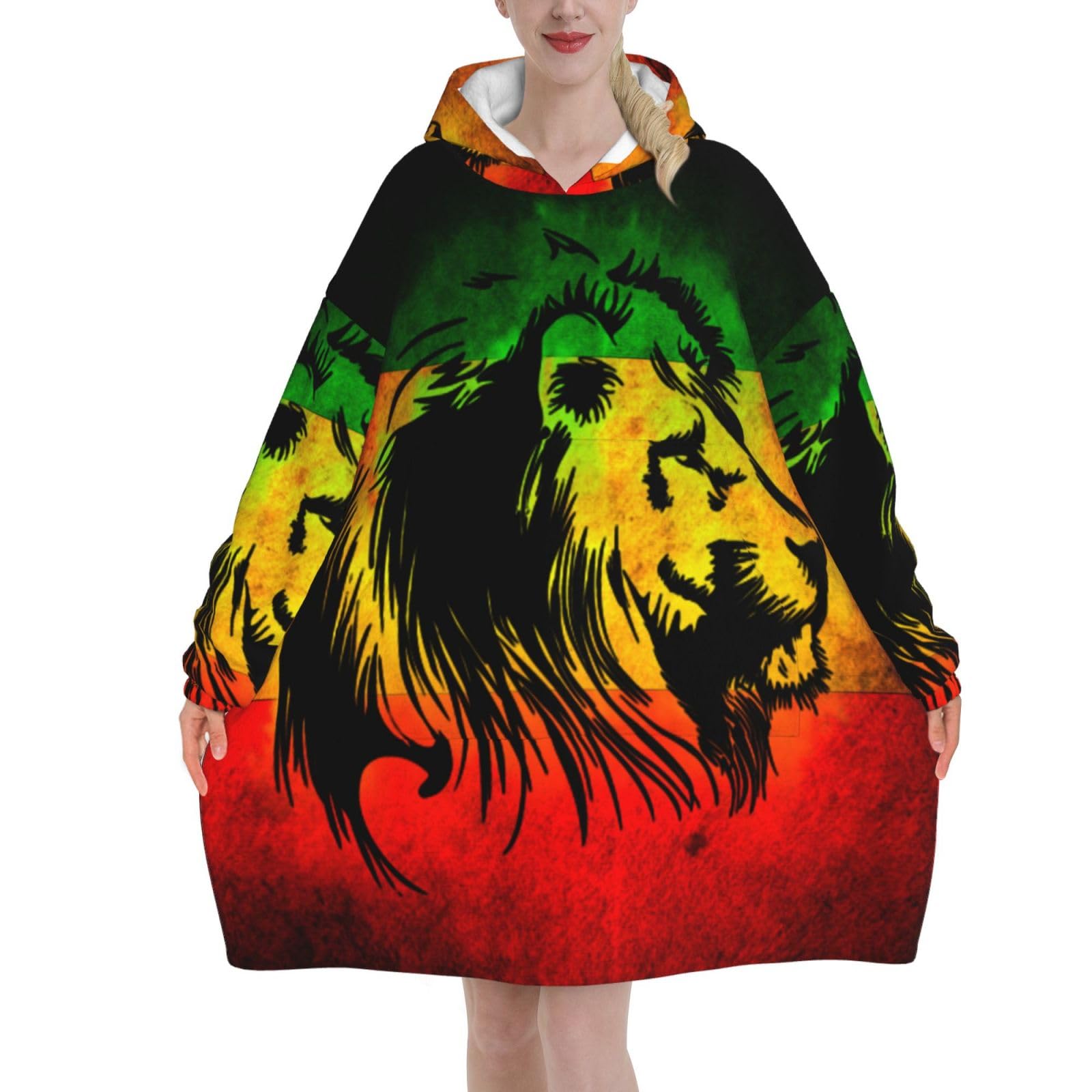 Peiyeety Unisex Lion Reggae Jamaica Blanket Hoodies For Women And Men Adult Oversize Wearable Blanket Hoodies For Soft And Warm