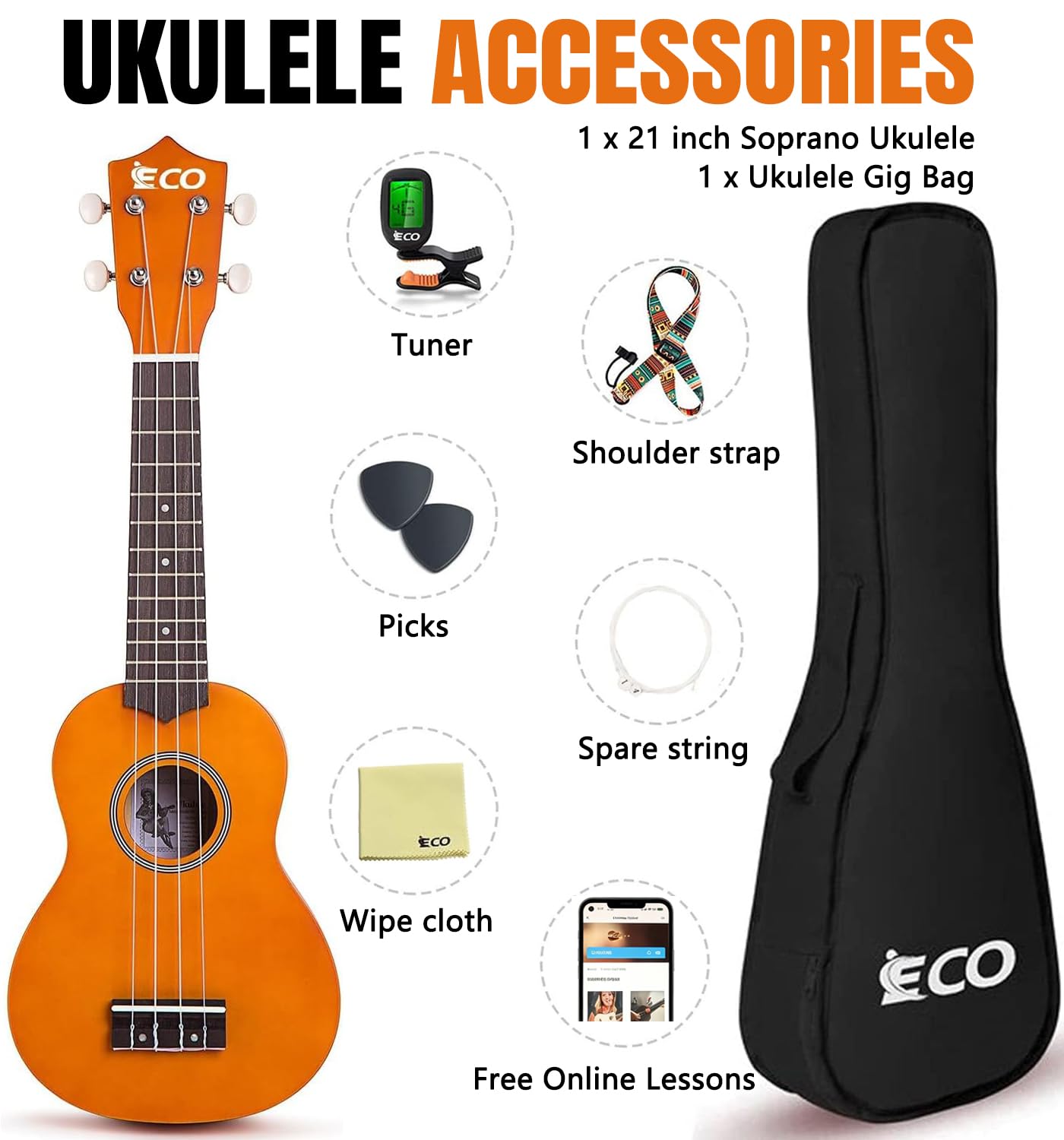 Kit per principianti di ukulele soprano per bambini e principianti, ukulele da 21 pollici con libro di canzoni, custodia, cinturino, accordatore, corde e plettri - Blu