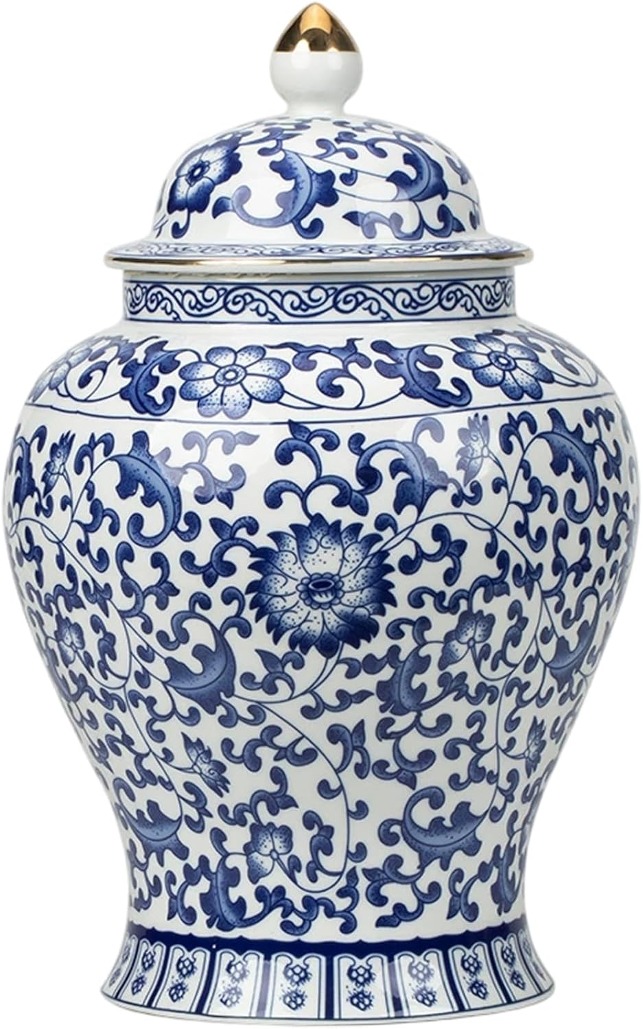 Blue and White Ginger Jar 900ml/30oz Ceramic Jar with Lid Lotus Design Decorative Tea Container Sealed Storage Chinoiserie Style Vase for Home Decor