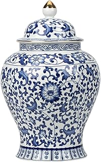 Blue and White Ginger Jars 900ml/30oz Lotus Design Ceramic Jar with Lid Decorative Sealing Tea Containers for Loose Tea Elegant Chinoiserie Decor Ginger Jar