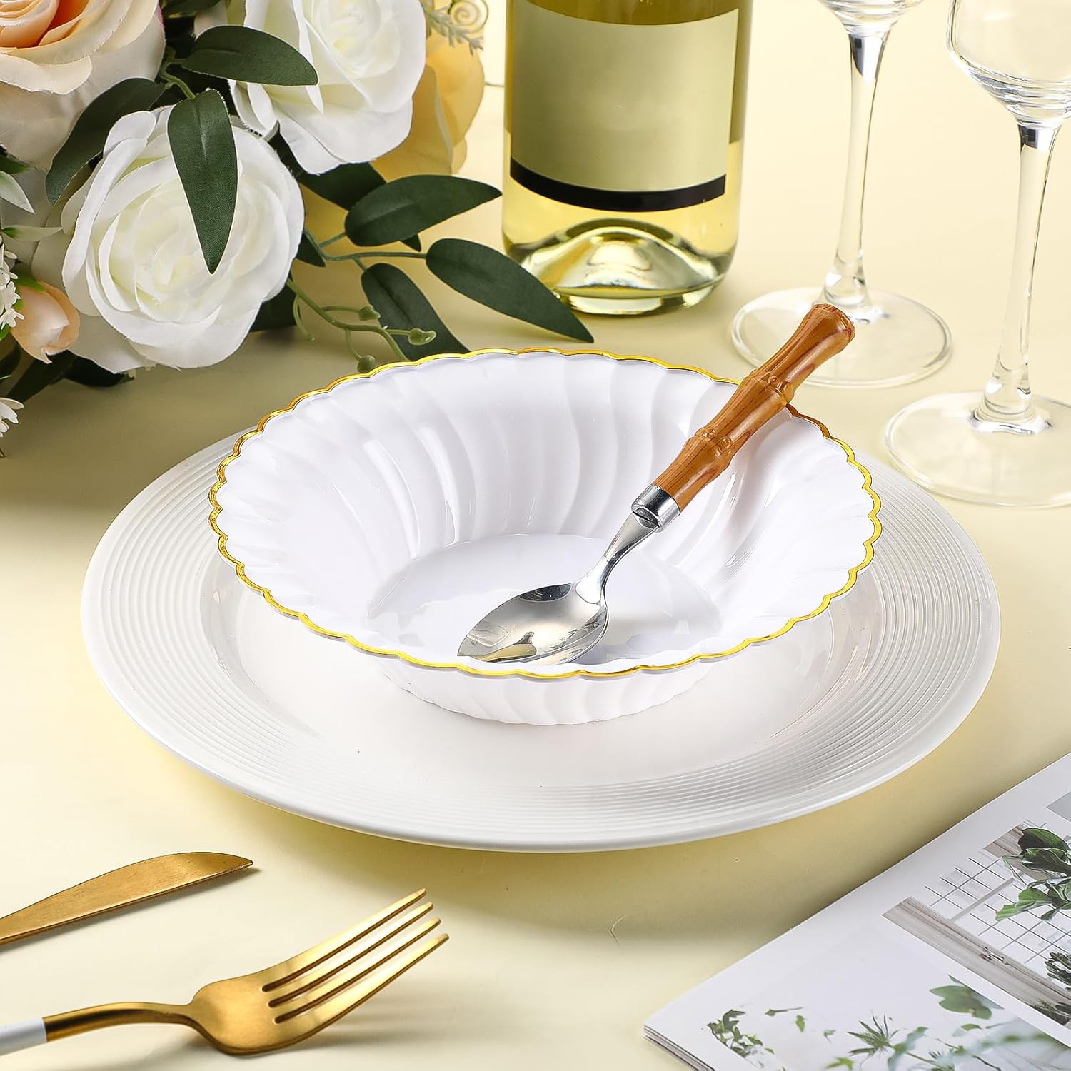 100 Pack 12oz White and Gold Plastic Bowls, Disposable Dessert Salad Soup Scalloped Bowls for Christmas, Thanksgiving, Birthday, Wedding, Catering and Everyday Use