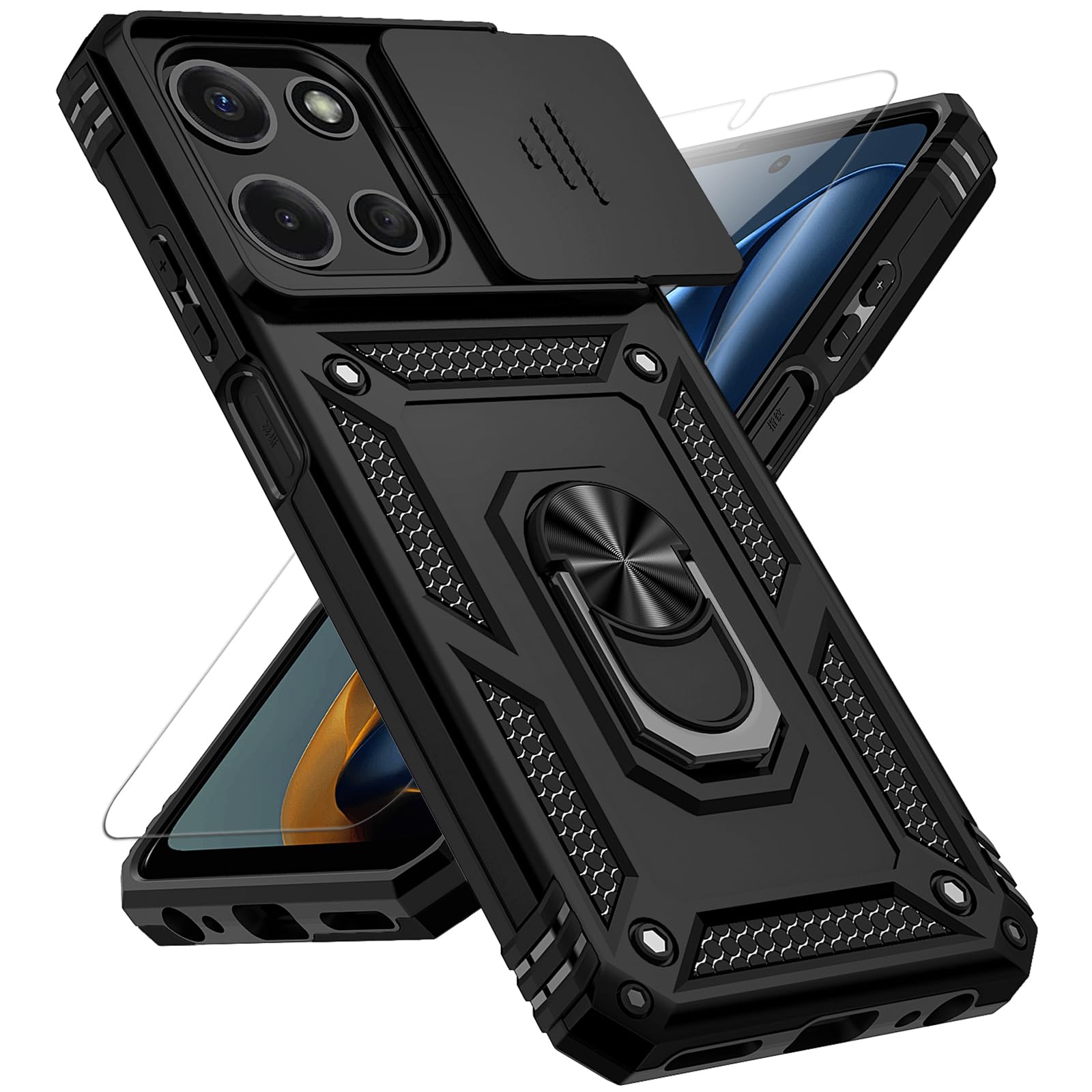for Motorola Moto G 2025 / Moto G 2026 / Moto G Play 2026 Case, with Slide Camera Cover HD Screen Protector [Military Grade 16ft. Drop Tested] Ring