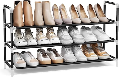 Miniatura 9 de SONGMICS Estante para zapatos de 3 niveles, almacenamiento para zapatos para armario de pasillo, delgado y que ahorra espacio, marco de metal,