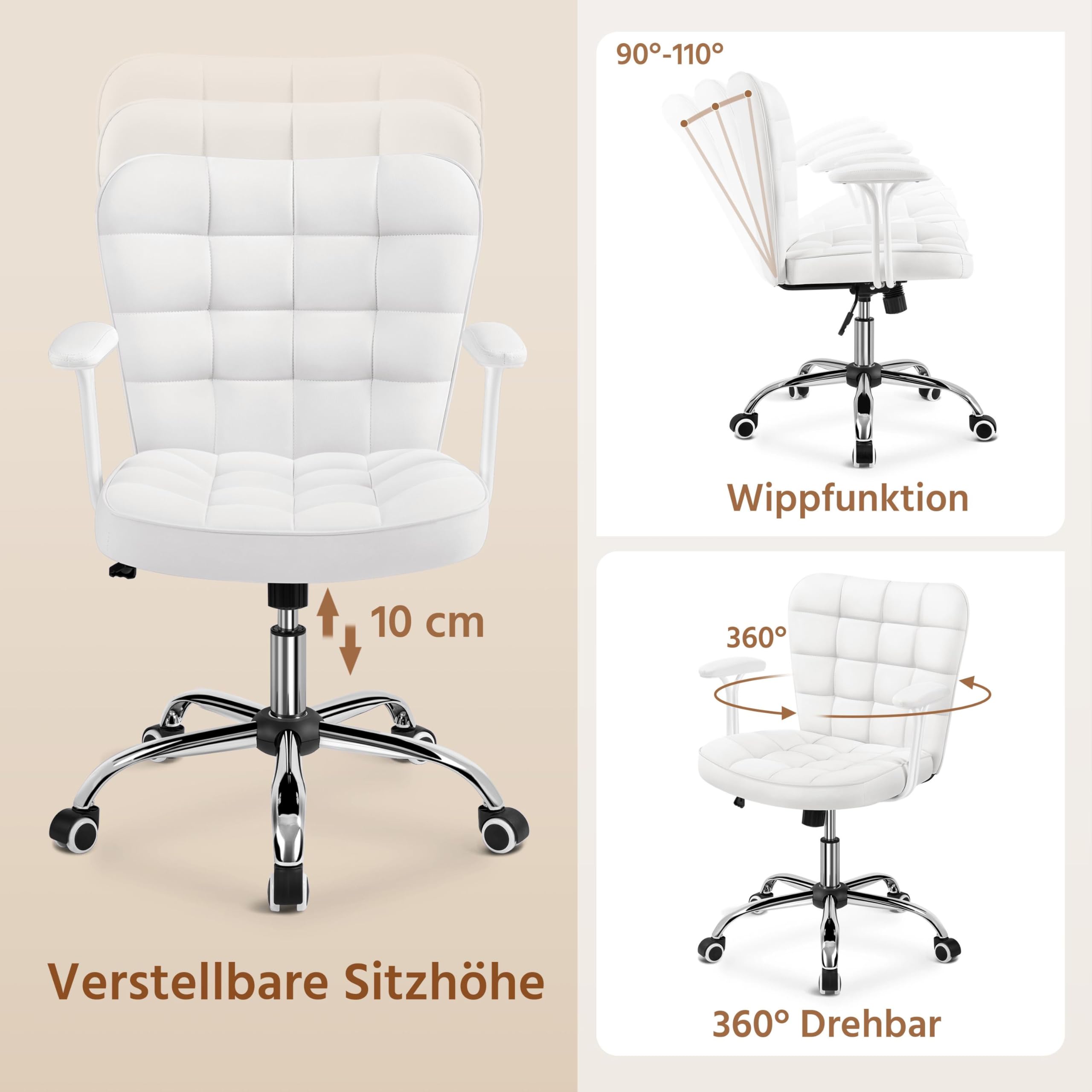 Yaheetech Homeoffice Stuhl Schreibtischstuhl Bürosessel Arbeitsstuhl aus Kunstleder, Drehstuhl mit Weichen Armlehnen, Höhenverstellbarer Polsterstuhl Computerstuhl mit Rollen, Weiß