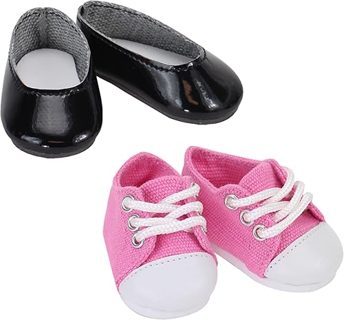 Sophia's El juego de zapatos incluye zapatos planos elegantes de piel sintética negra y zapatillas de lona rosa con cordones para muñecas de 14.5