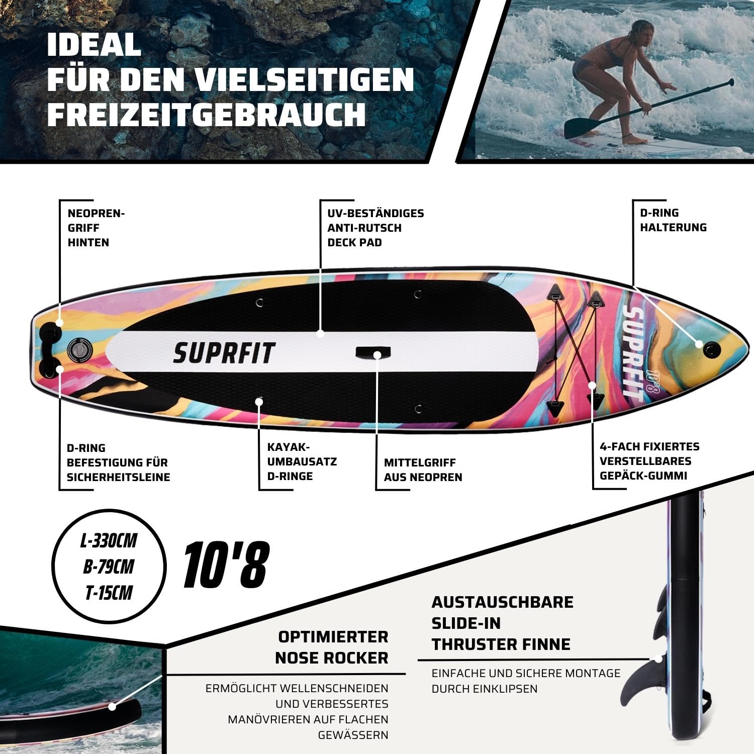 SUPRFIT Stand Up Paddling Board, nadmuchiwana, kompletny zestaw, deska do wiosłowania Stand Up z podwójną warstwą PCW, do paddleboardingu stojącego, maks. 150 kg
