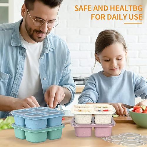 Miniatura 8 de Paquete de 4 cajas Bento para aperitivos, cajas Bento reutilizables para niños con 4 compartimentos y tenedor, recipientes de almuerzo para niños y