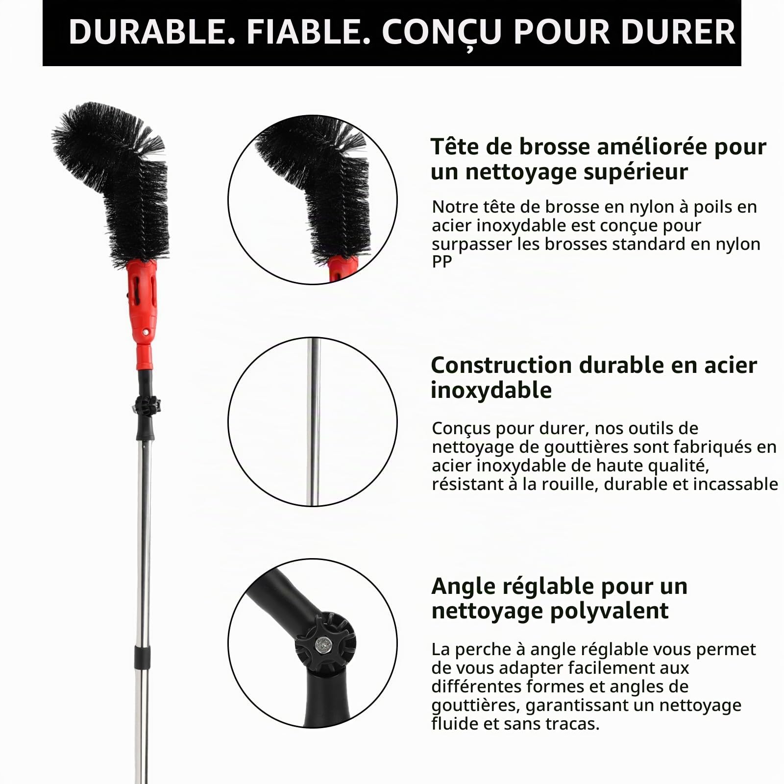 Kit d'outils de nettoyage de gouttière de 3,2 m, brosse de nettoyage télescopique, nettoyeur de poteau d'extension, pour enlever les feuilles, les débris et les toiles d'araignée des jardins