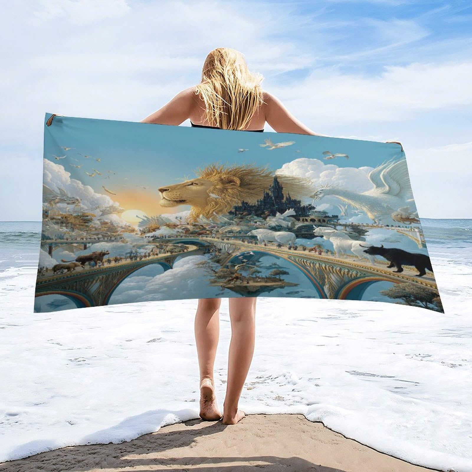Luyysky Classic Abstract Fantasy Dragon Quick-Drying Beach Towel, Rustic Oil Painting Sunrise Enchanted Castle Animal Bird Lion Travel Vacation Single Sided Pile Bathroom Towels-80 W Cm X 160" L Cm