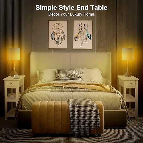 Miniatura 7 de SEJOV Mesa auxiliar, mesita de noche blanca de 3 niveles con cajón y 2 estantes, con aspecto de madera, mesas laterales estrechas para sala de