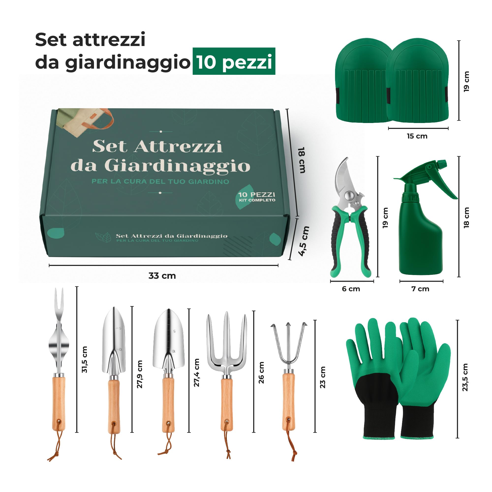 Set Attrezzi da Giardinaggio 10 Pezzi – Kit Completo con Paletta, Trapiantatore, Forchetta, Rastrello, Forbici da Potatura, Guanti, Spruzzino e Ginocchiere