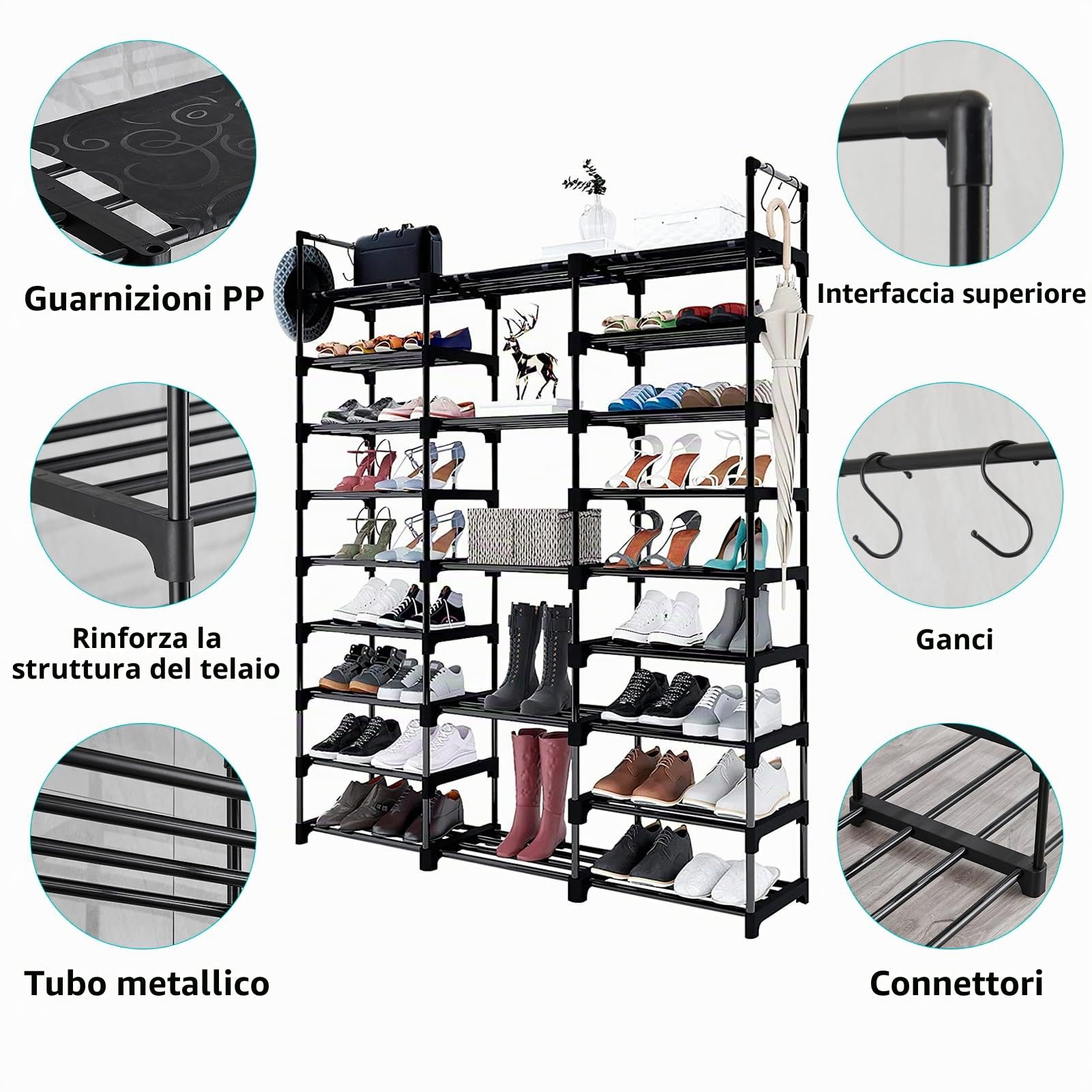 Scarpiera a 9 Livelli, Fai Da Te Porta Scarpe in Metallo con Ganci | può Contenere 50-55 paia di Scarpe e Stivali, Salvaspazio Scarpiera per Ingresso Soggiorno Guardaroba Camera da Letto, Nero