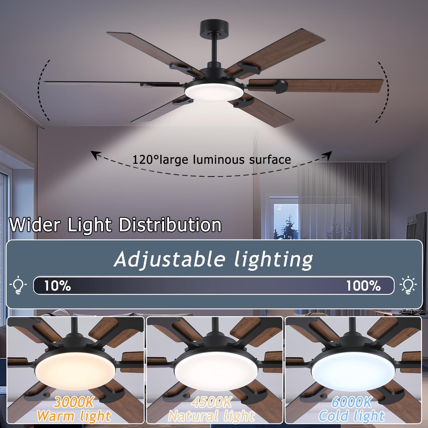 66" Large Ceiling Fans with Lights，Brown Low Profile Ceiling Fan with light and Remote Control，3 CCT Dimmable，Quiet DC Motor，Indoor/Outdoor Ceiling Fan for Bedroom Living Room Patio,Porch.