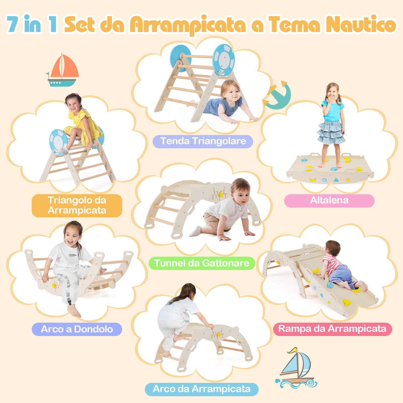 RELAX4LIFE Juego de Triángulo para Niños, Juguetes de Escalada Plegables 8 en 1, Parque Infantil Montessori de Madera con Arco, Rampa y Escalera, Gimnasio de Interior para Niños (Natural)