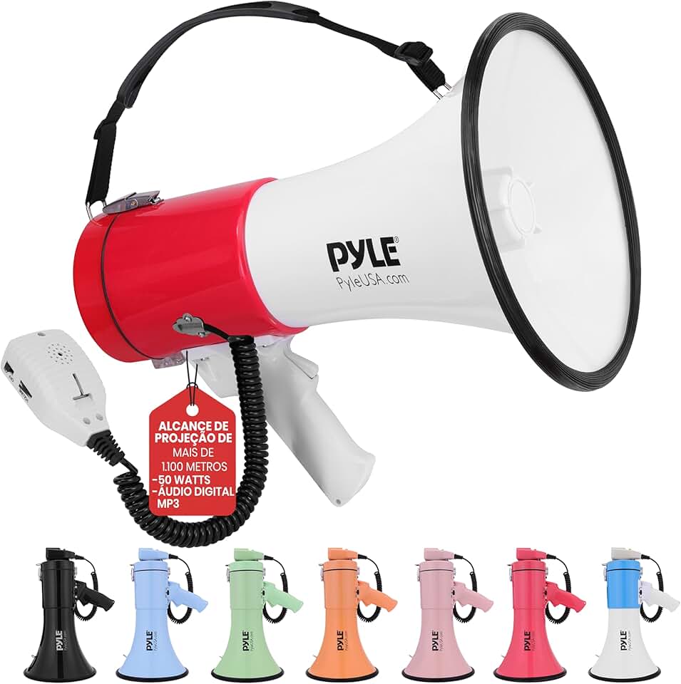 Megafone Pyle Alta Potência 50W Profissional, Sirene e Entrada Auxiliar, Microfone de Mão e Alça de Ombro, Alcance Longo 1200m