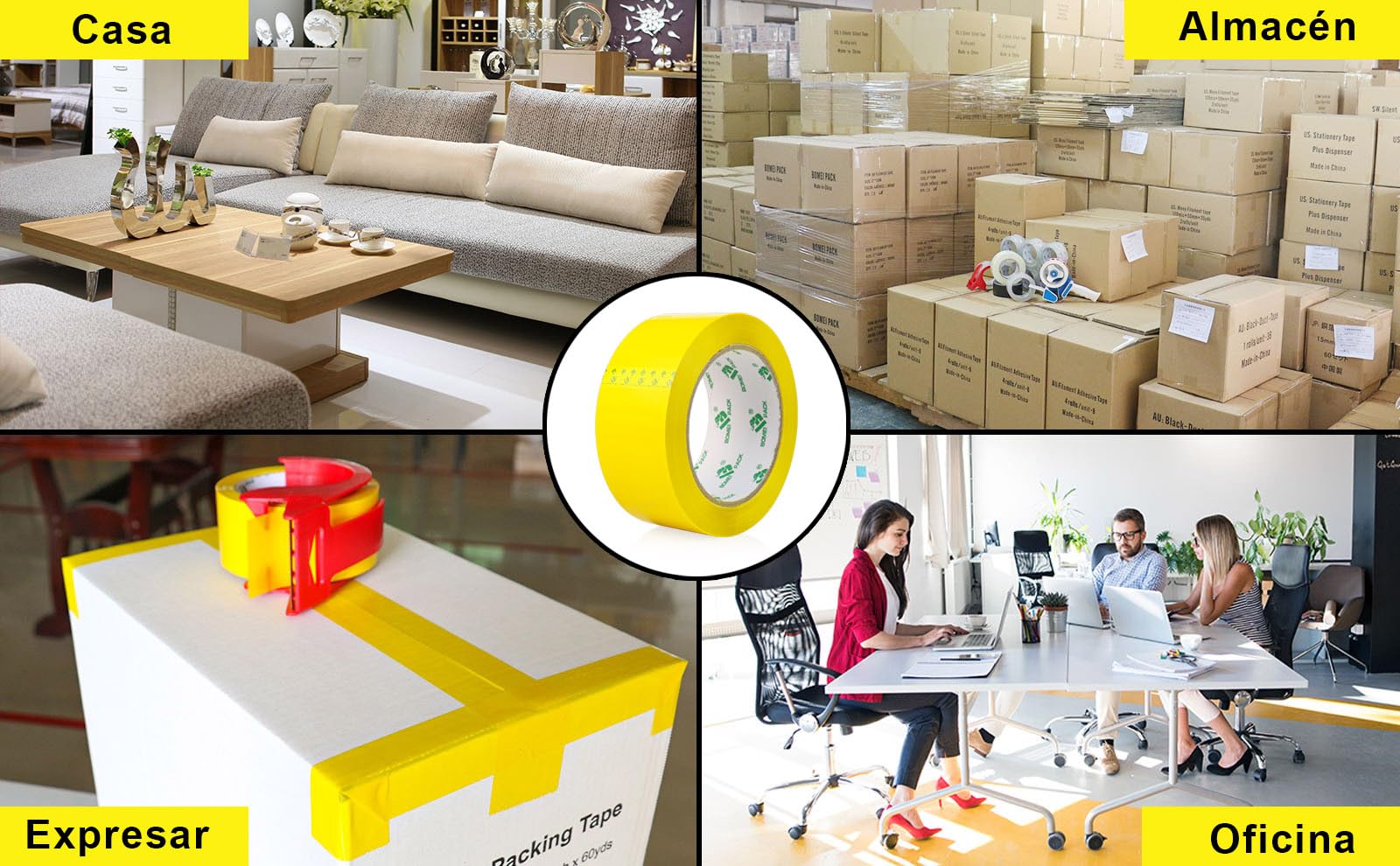 BOMEI PACK 3 Rollos 48mmx66m Amarillo Cinta Adhesiva de Embalar para Embalaje de Cajas de Cartón de Envíos y Mudanzas. Precinto para Empaquetados Resistentes