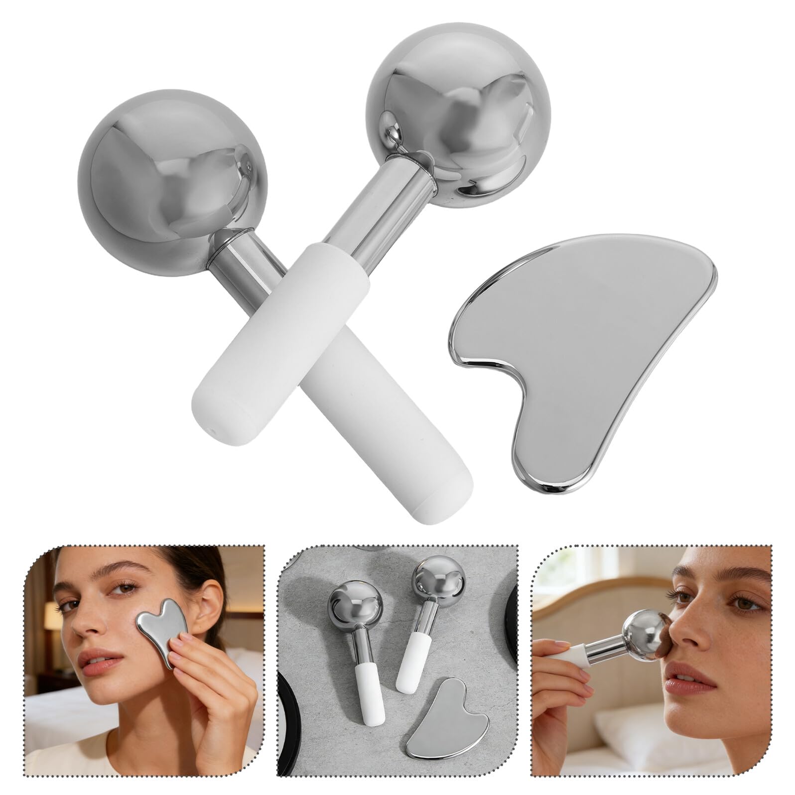Abaodam Set Massaggiatore Viso e Collo in Acciaio Inox Piastra Gua Sha e Rullo Freddo per Pelle Sensibile, Strumento Gua Sha Corpo Portatile per Rilassamento e Spa Domestica