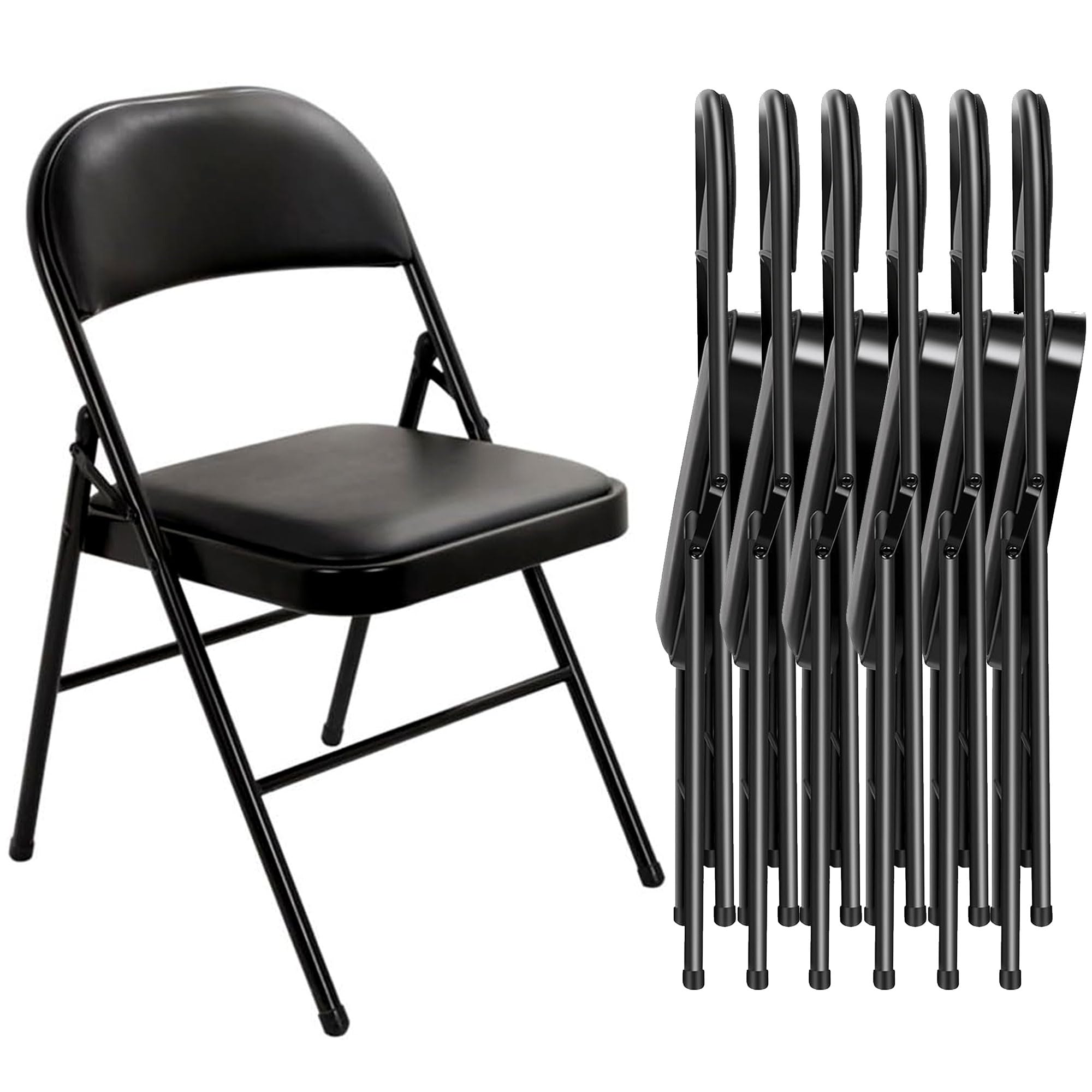 JupiterJX Folding Chairs Padded, Set Of 6, Metal Frame Faux Leather Non Slip Foot Office Folding Chair, Portable Compact Fold Out Chair For Home Office Dining Events Reception (Black, 6 Piece)