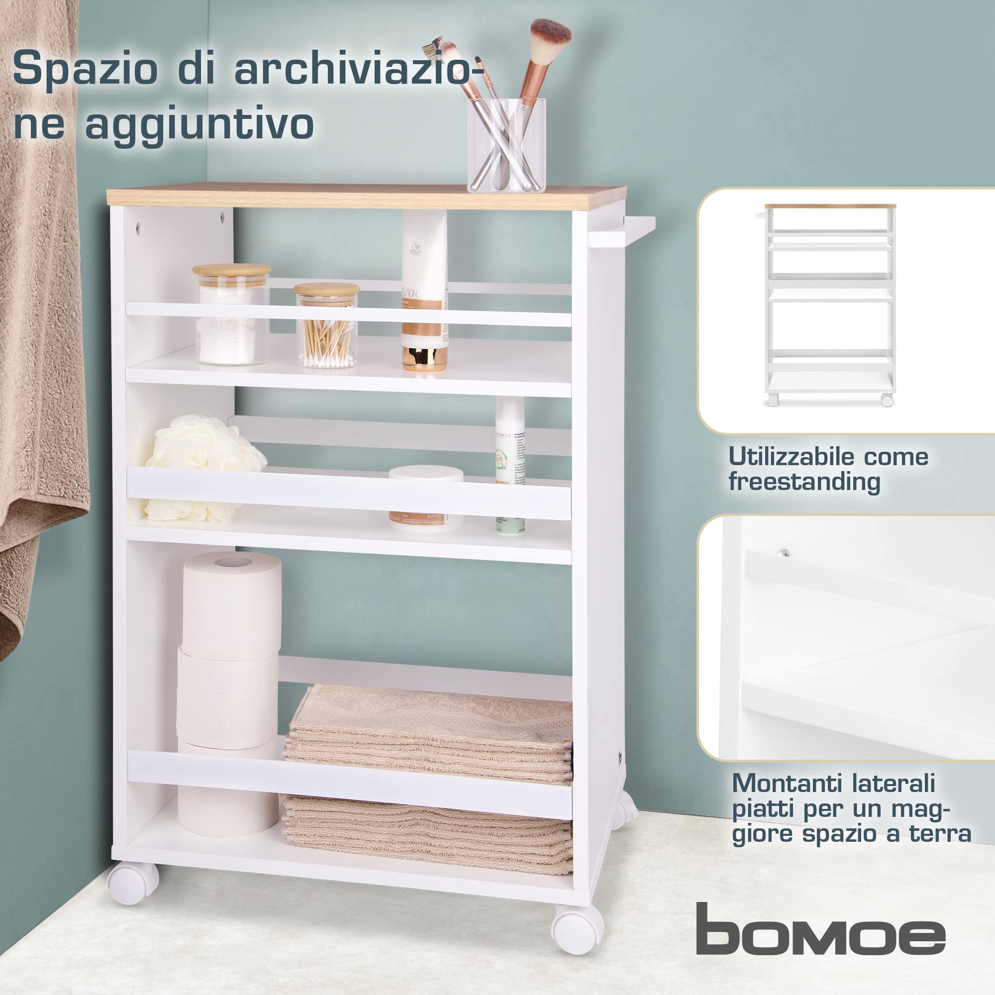 bomoe Carrello da Cucina Su Rotelle Con 3 Livelli Regolabili - Legno FSC® di Alta Qualità Universale per Cucine e Bagno - Bengt Rovere e Bianco