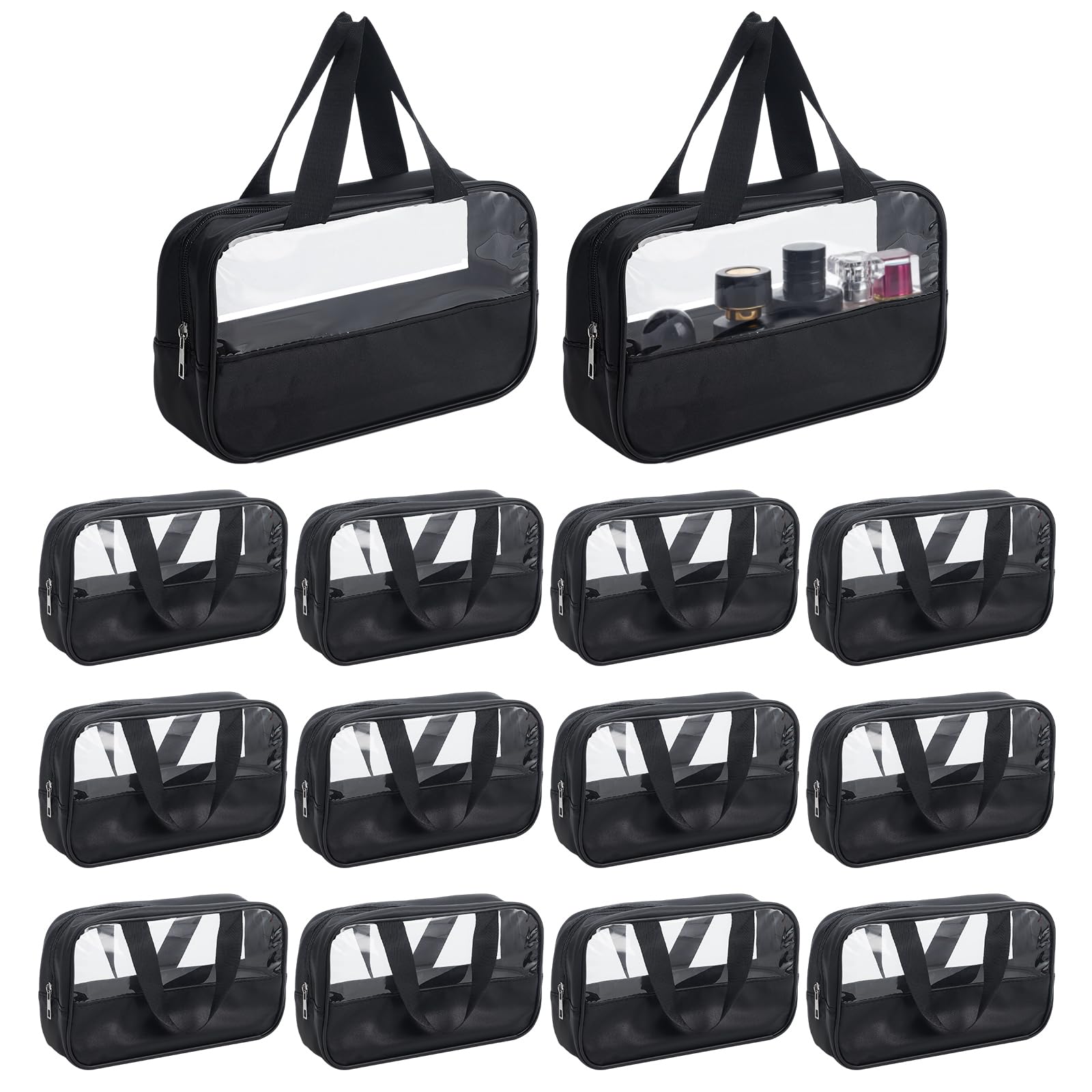 15 bolsas de maquillaje de PVC transparente, organizador de viaje impermeable con asa para colgar, Black, Clásico