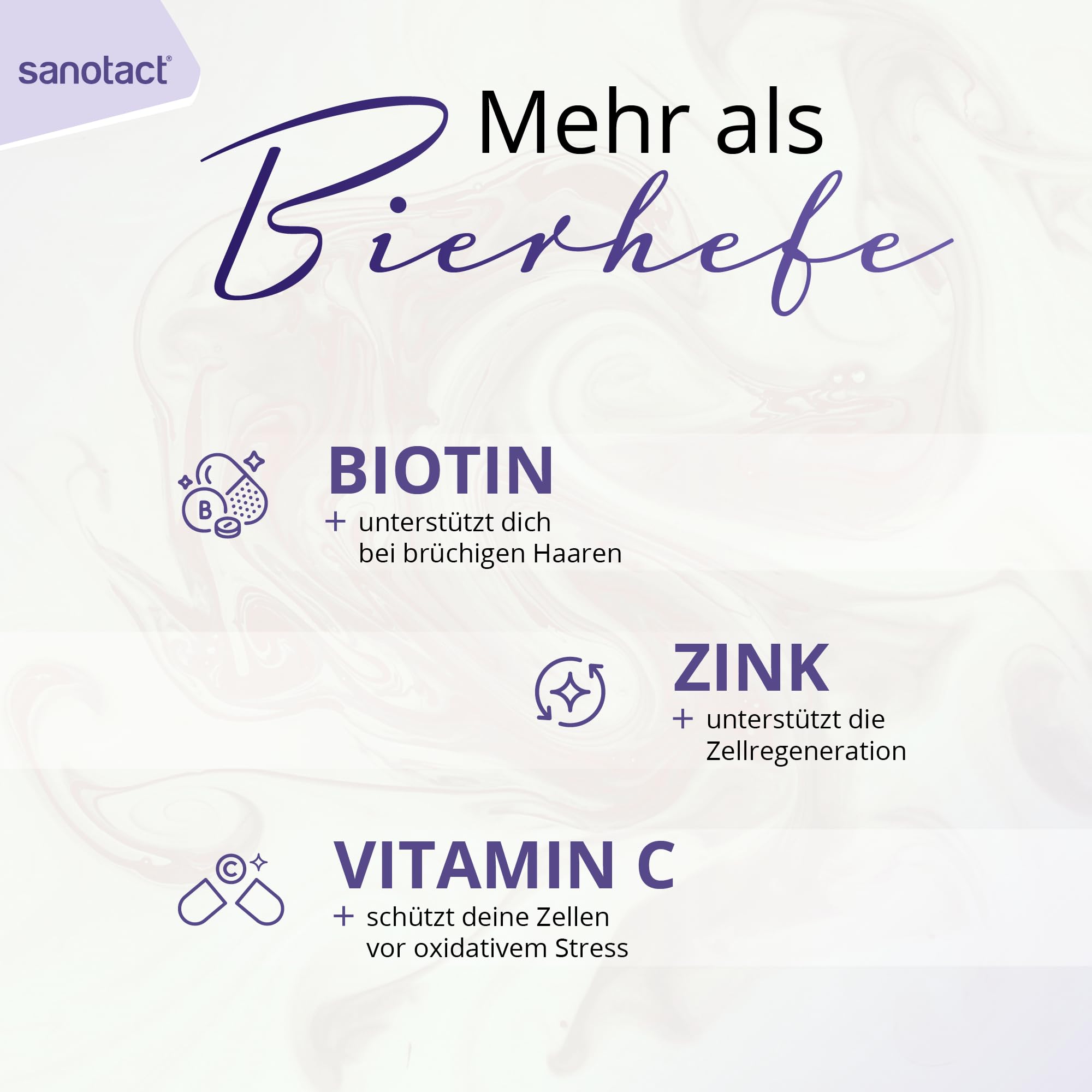 sanotact Bierhefe + Zink (8 x 60 Tabletten) • Für Haut, Haare & Nägel • Vitamin-Komplex mit Bierhefe, Zink, Biotin, Vitamin B12, B6 & Vitamin C • Haut & Haar Vitamine • 100% Vegan
