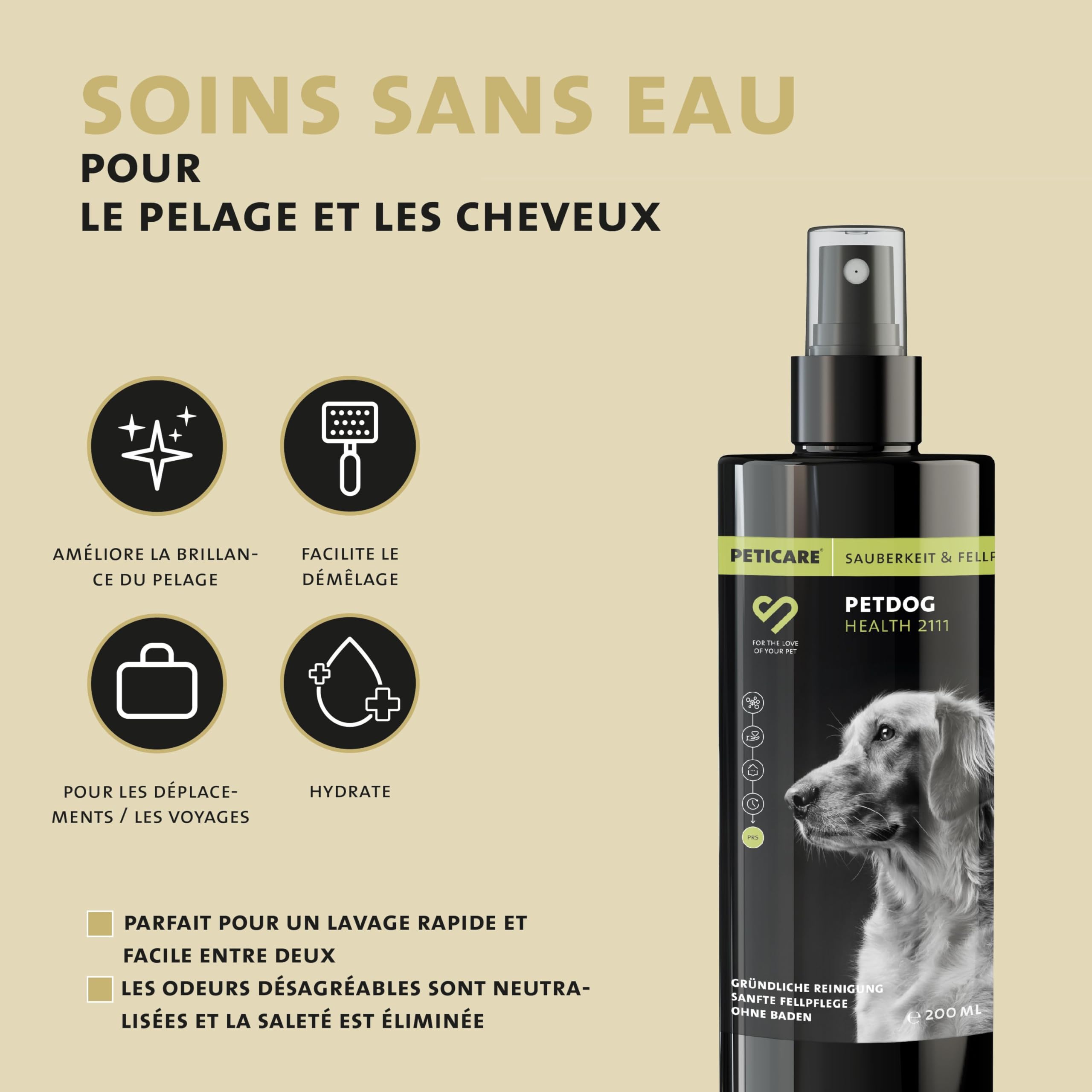 Peticare Shampoo Sec Naturel pour Chiens | Nettoyage sans Stress et Eau | Contre la saleté, Les odeurs | Soin du Pelage pour Tous Types de Poils | avec Huile d'argan et de Coco | petDog Health 2111