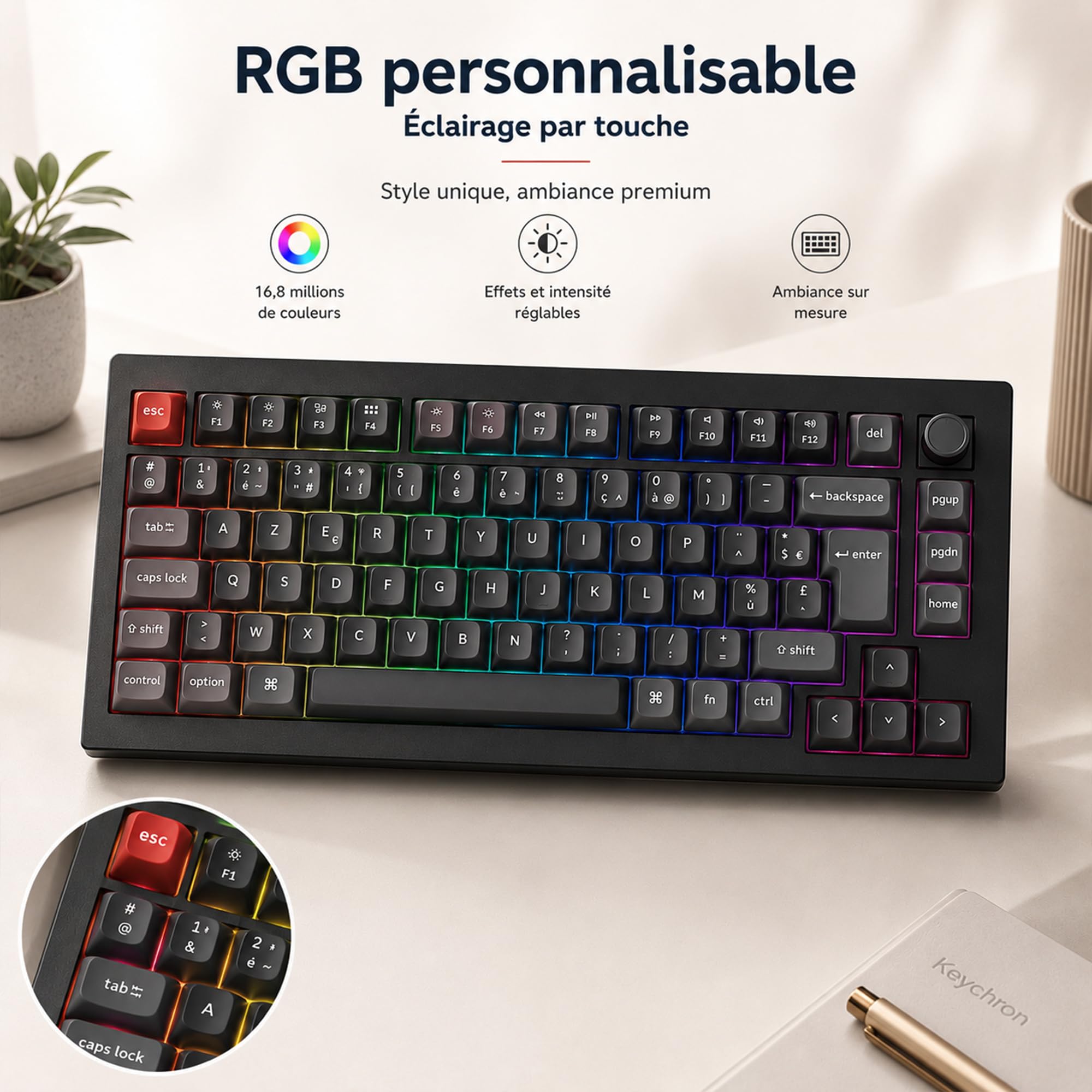 Keychron V1 Ultra 8K Clavier Mécanique sans Fil 75% Compact, 2.4GHz/Bluetooth 5.3/USB-C, Touches PBT OSA, RGB Personnalisable, Switches Marron Pom Hot-Swap pour Mac/Windows/Linux (Disposition AZERTY)