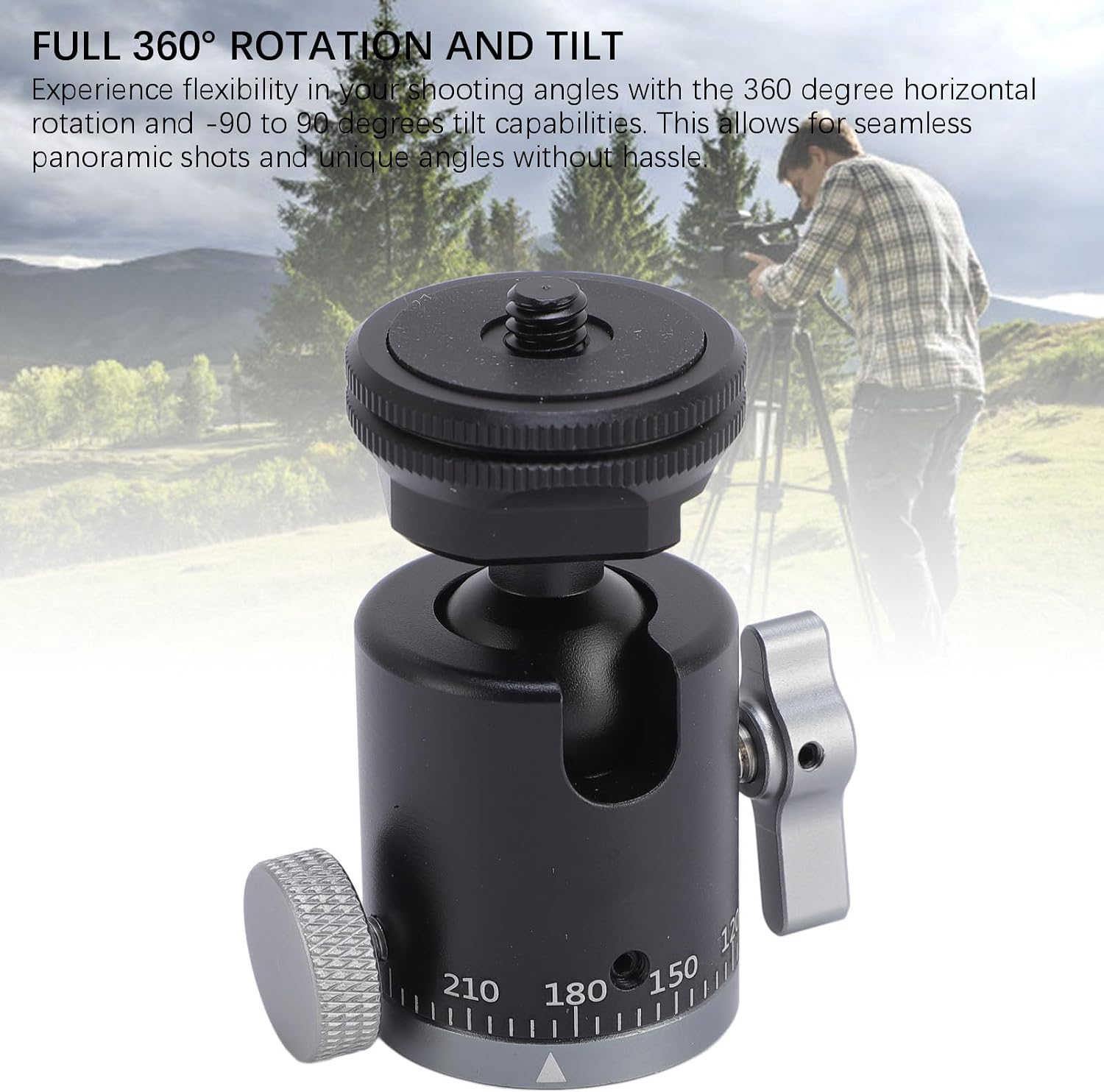 Mini Ball Head, 360° Panoramic Tripod Head with Cold Shoe Mount 1/4 Inch Screw Hole for DSLR Camera Monopod Cellphone, Aluminum Alloy