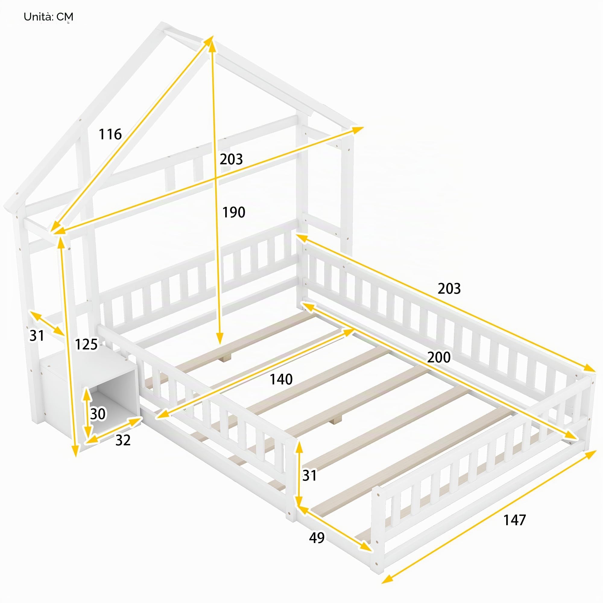 Dolamaní Letto da pavimento 140 x 200 cm per bambini con protezione anti-caduta -Montessori Lettino per ragazzi e ragazze, con comodino e supporto decorativo per la casa (bianco)